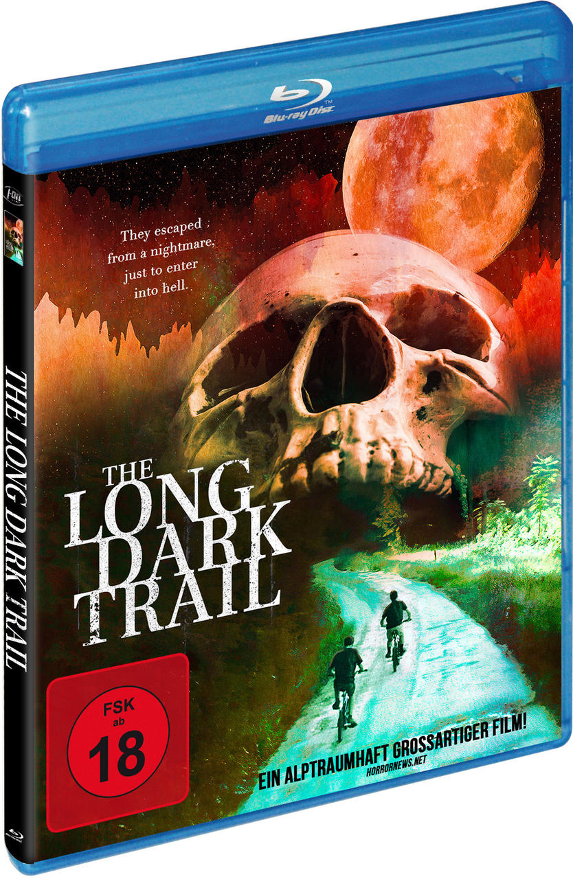Blu-ray Filmcover: Schädel, zwei Radfahrer, dunkler Pfad, Titel 'The Long Dark Trail'.