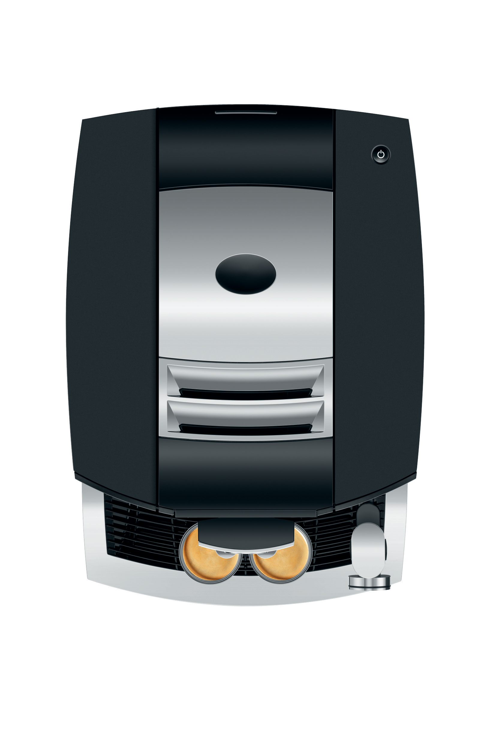 Kaffeemaschine von oben. Schwarzes und silbernes Design. Zwei Auslässe und ein Ein-/Ausschalter.