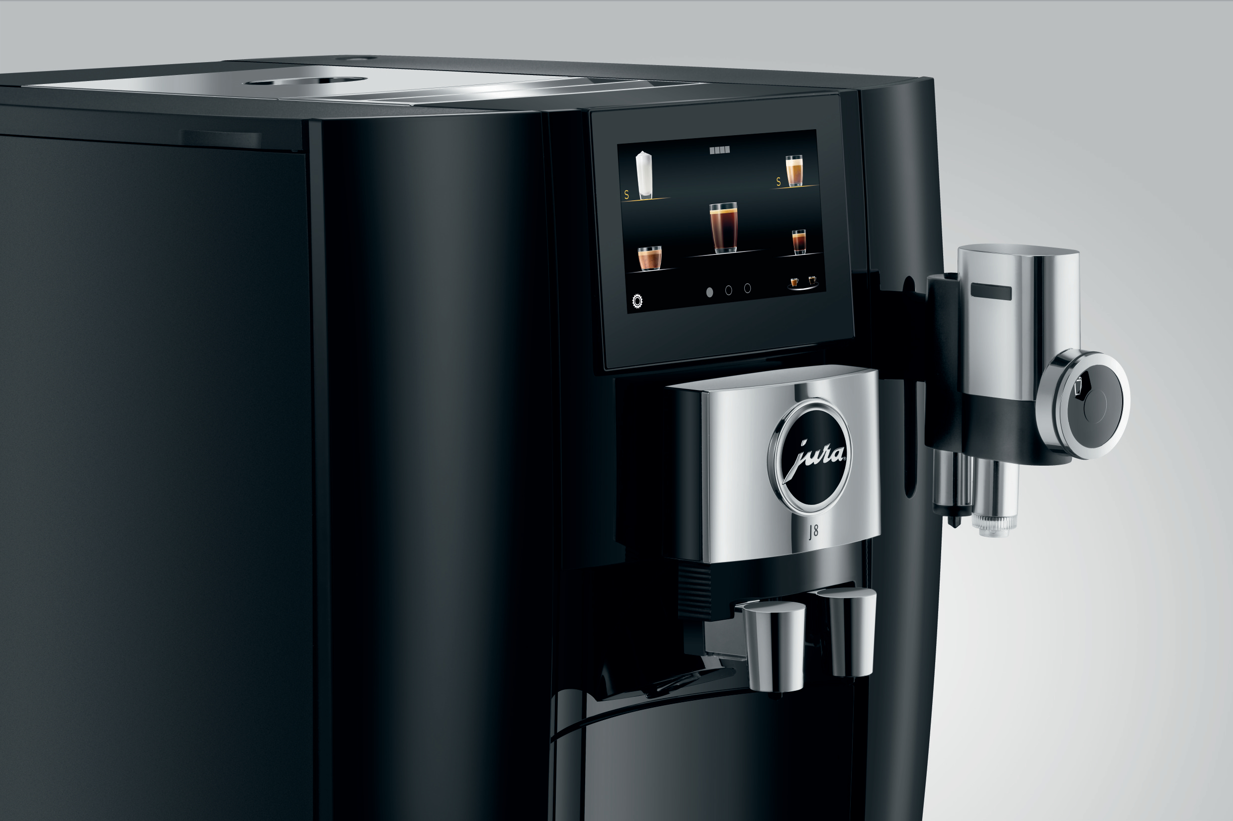 Schwarze Jura-Kaffeemaschine mit Touchscreen und silbernen Akzenten.