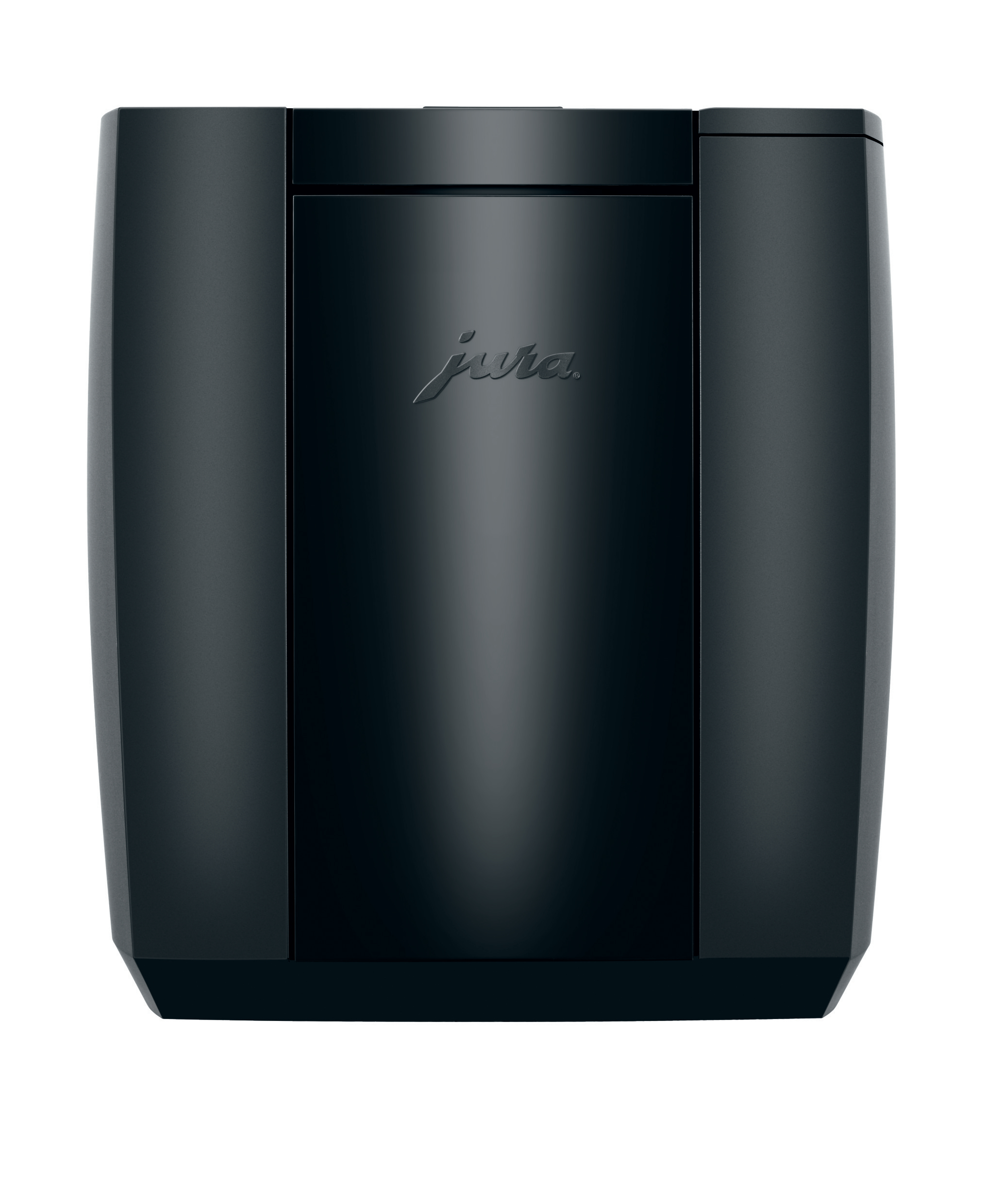 Schwarze Jura Kaffeemaschine, Vorderansicht, mit Logo. Weißer Hintergrund.