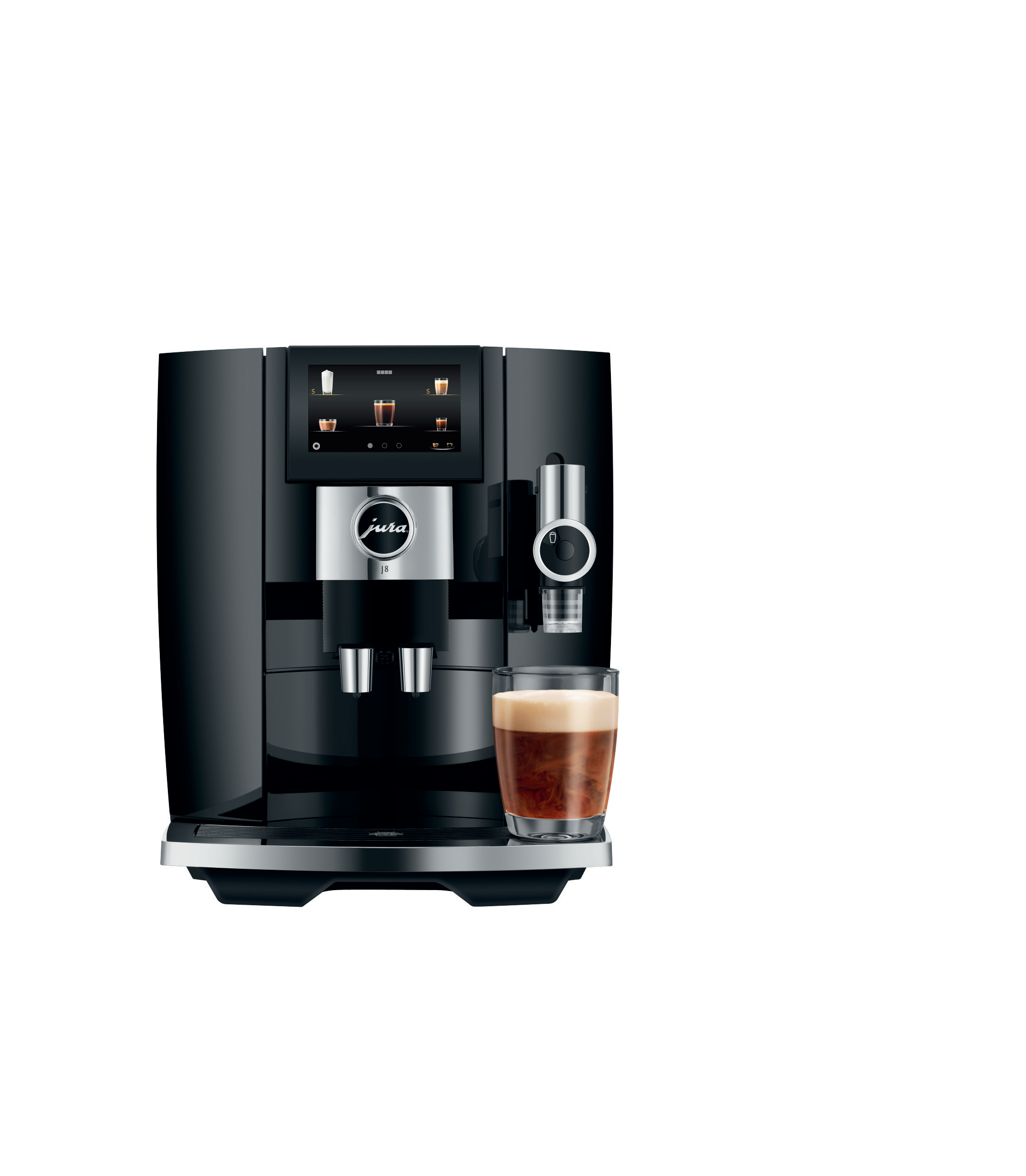 Schwarze Jura-Kaffeemaschine mit einem Glas Kaffee. Weißer Hintergrund.
