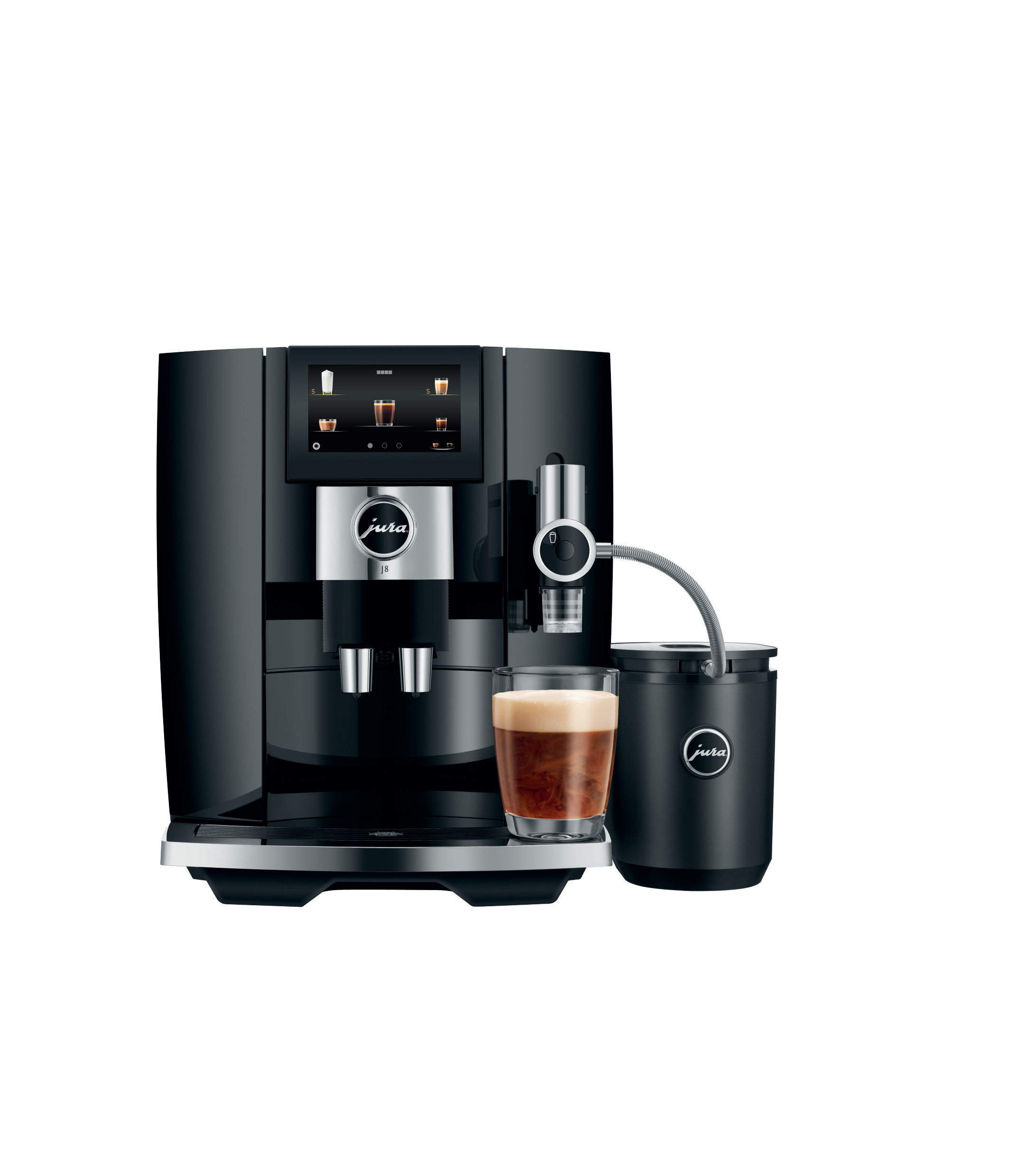 Schwarze Jura J8 Kaffeemaschine mit Bildschirm, Glas mit Kaffee und Milchbehälter.