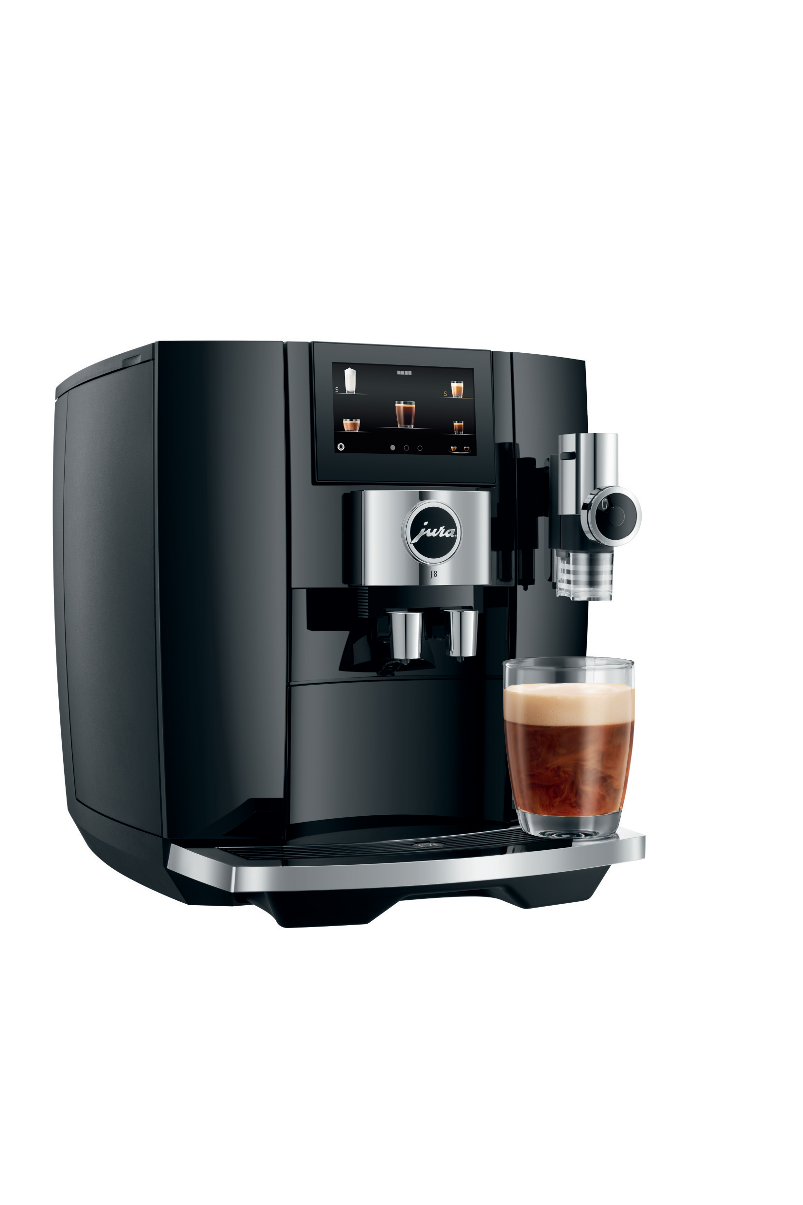 Schwarze Jura Kaffeemaschine mit Touchscreen und einem Glas Kaffee.
