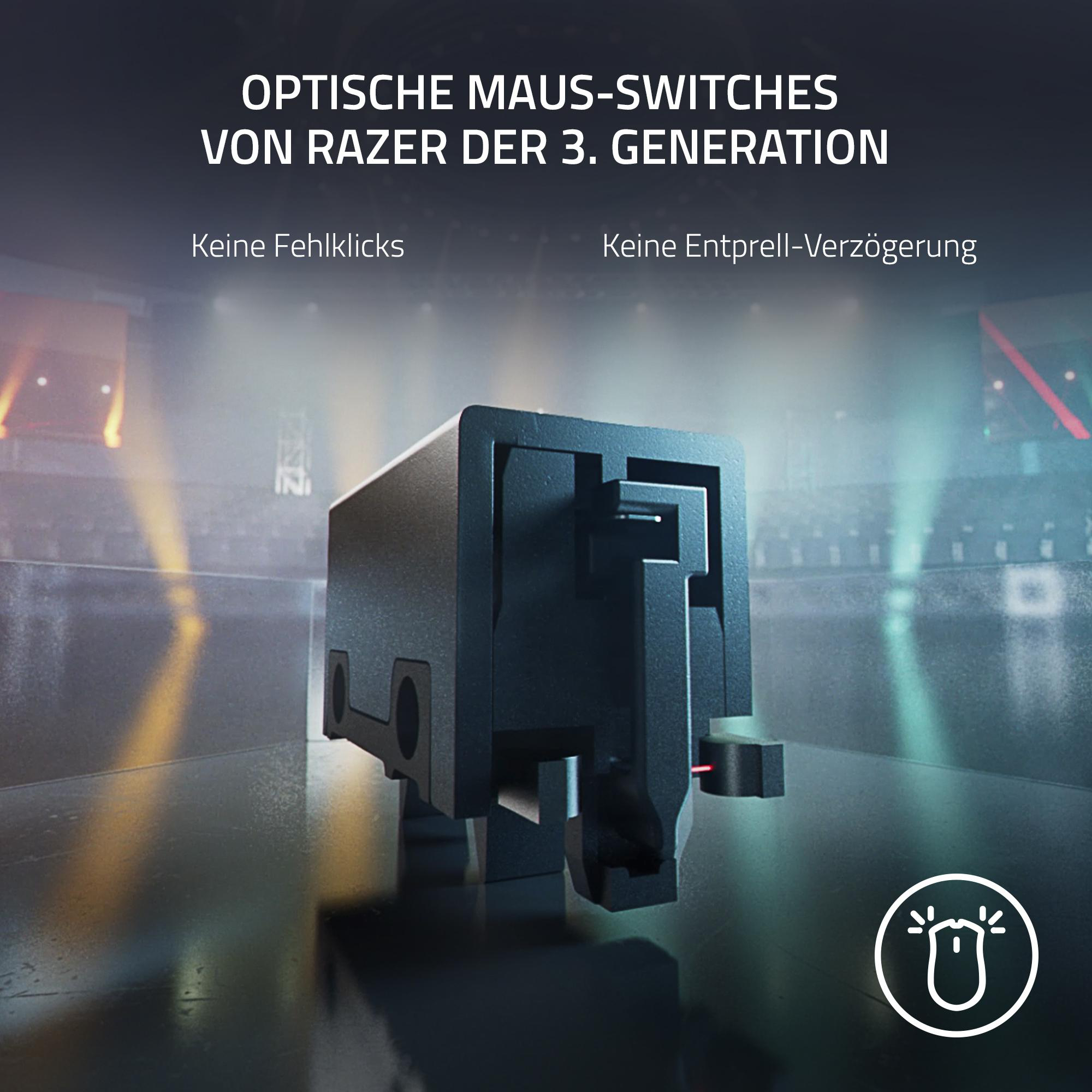 Schwarzer Razer-Maus-Schalter. Nahaufnahme, Innenaufnahme. Text auf Deutsch oben.