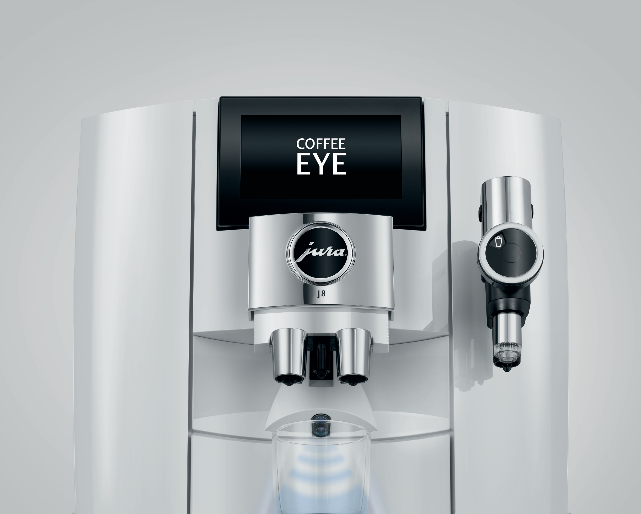 Weiße Kaffeemaschine mit Bildschirm, der 'COFFEE EYE' anzeigt, und einem Auslauf rechts.