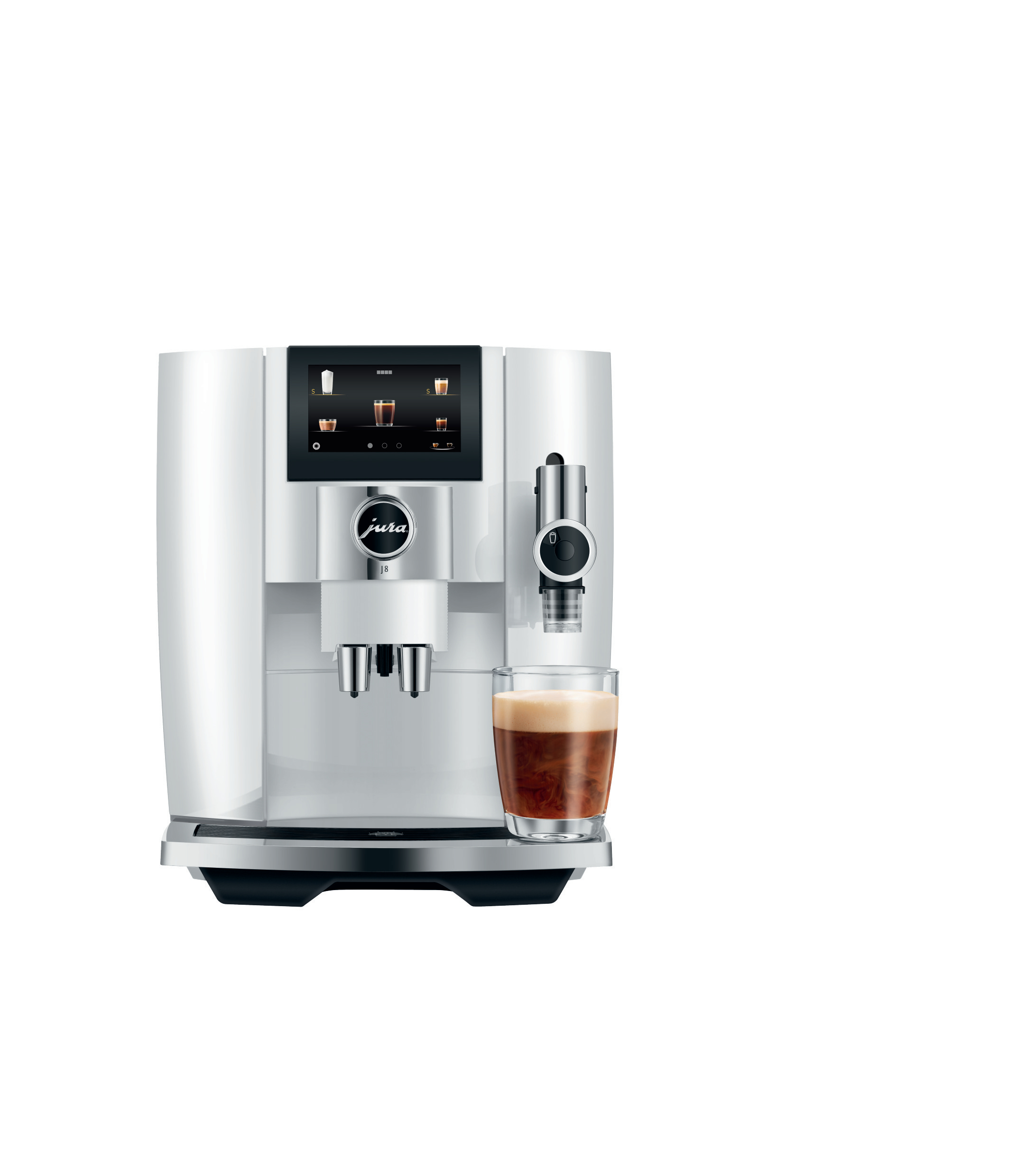 Weiße Jura-Kaffeemaschine mit einem Glas Kaffee. Der Hintergrund ist weiß.