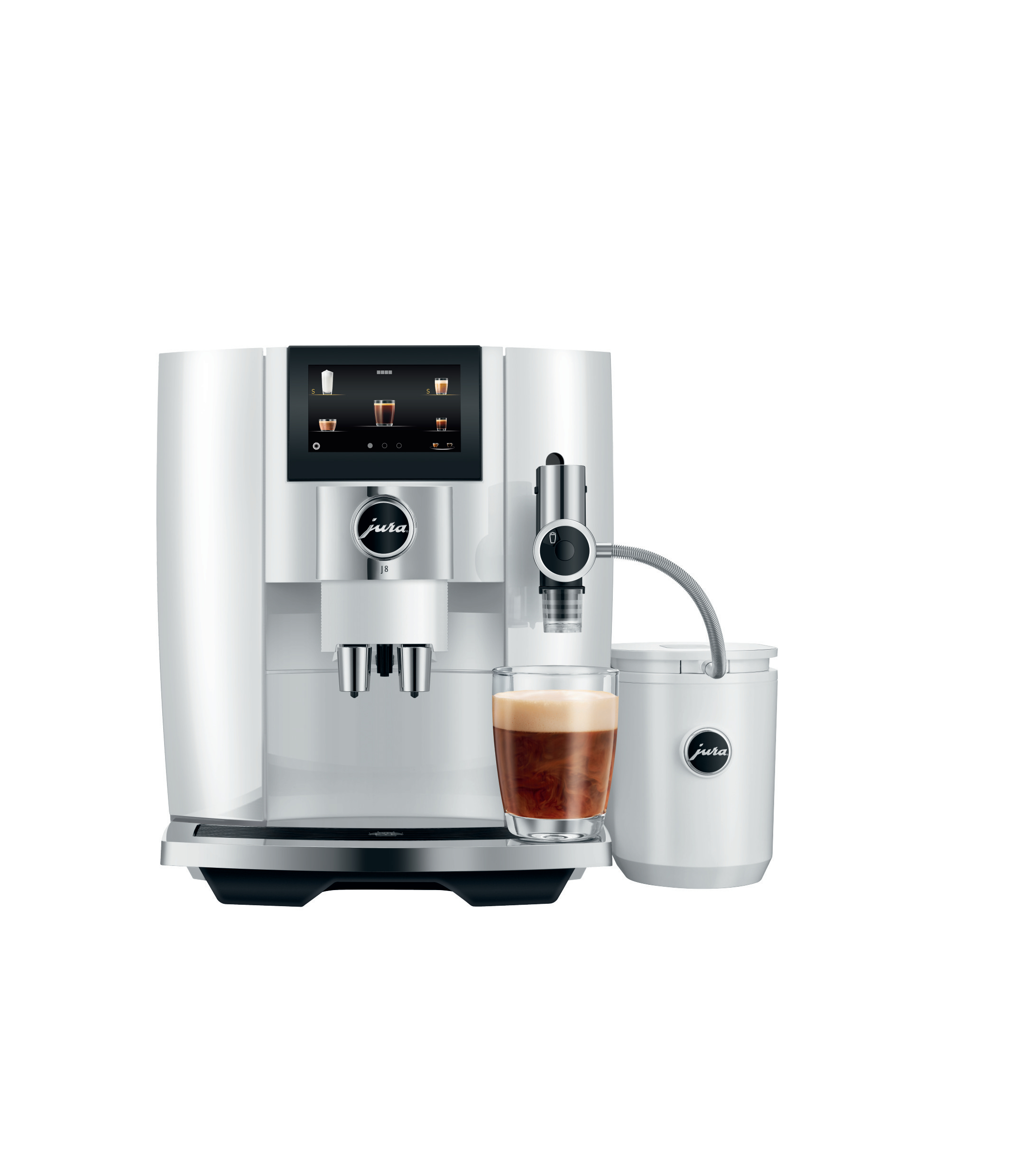 Weiße Kaffeemaschine mit Kaffeeglas, Milchbehälter und Touchscreen.