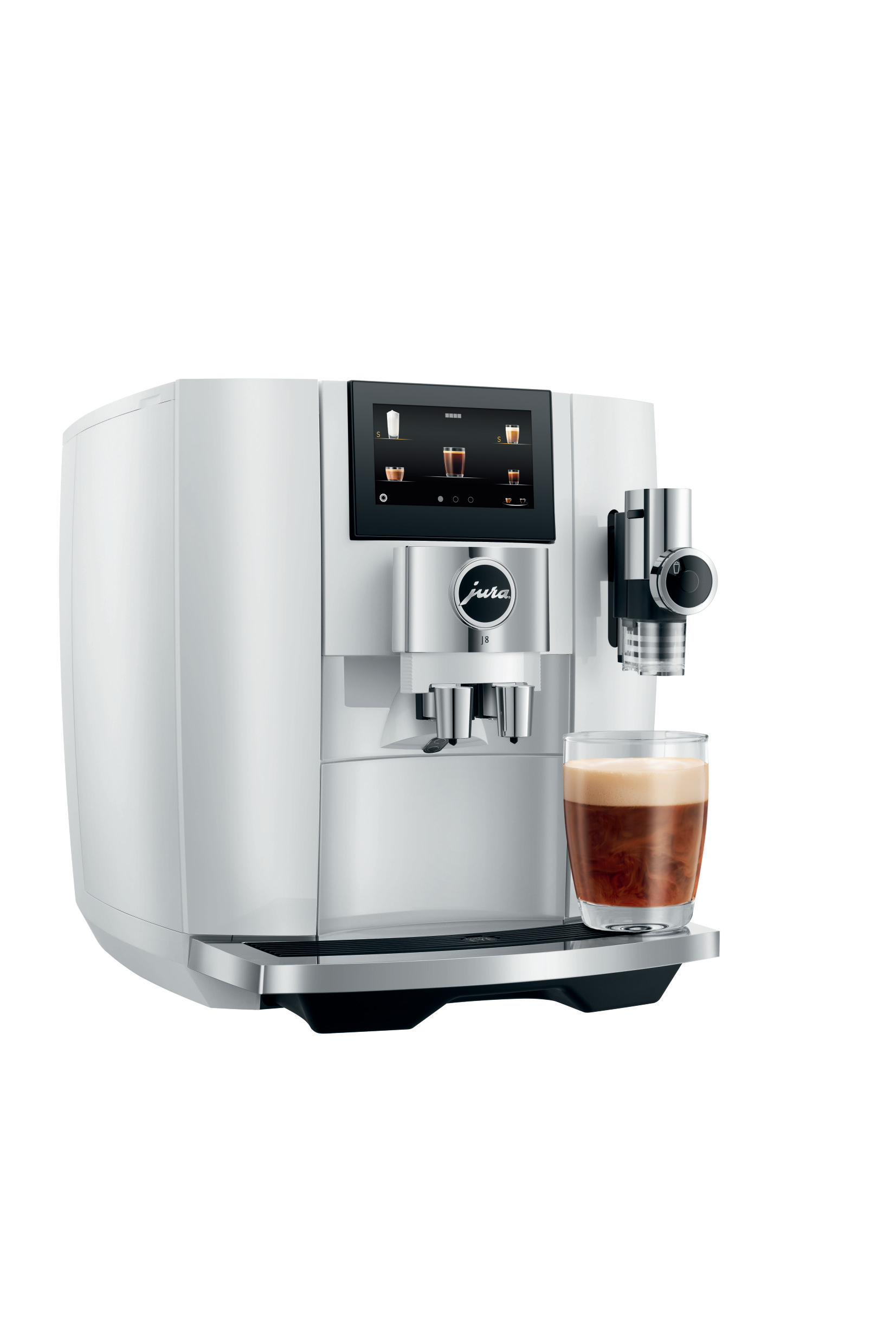 Weiße Jura Kaffeemaschine mit Kaffeeglas. Schwarzer Bildschirm und silberfarbene Akzente.