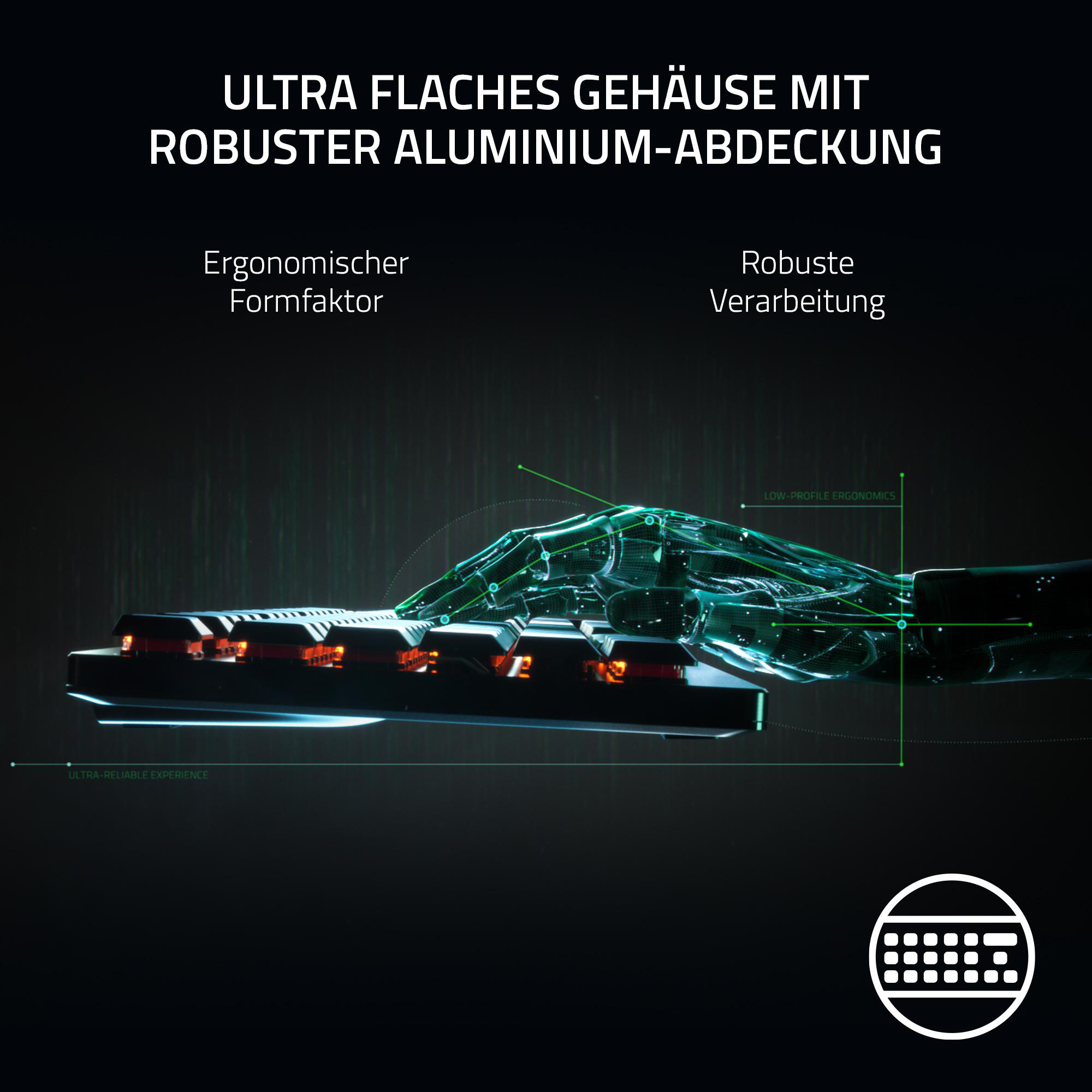 Tastatur mit futuristischem Design, mit orangen Lichtern. Text oben und weißer Hintergrund.