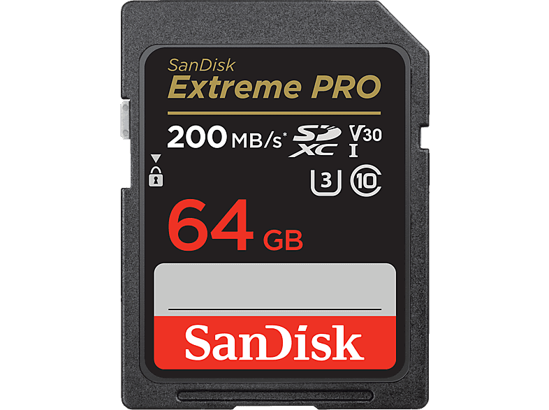 SANDISK Extreme PRO (UHS-I) - SDXC-Speicherkarte (64 GB, 200 MB/s, Schwarz)