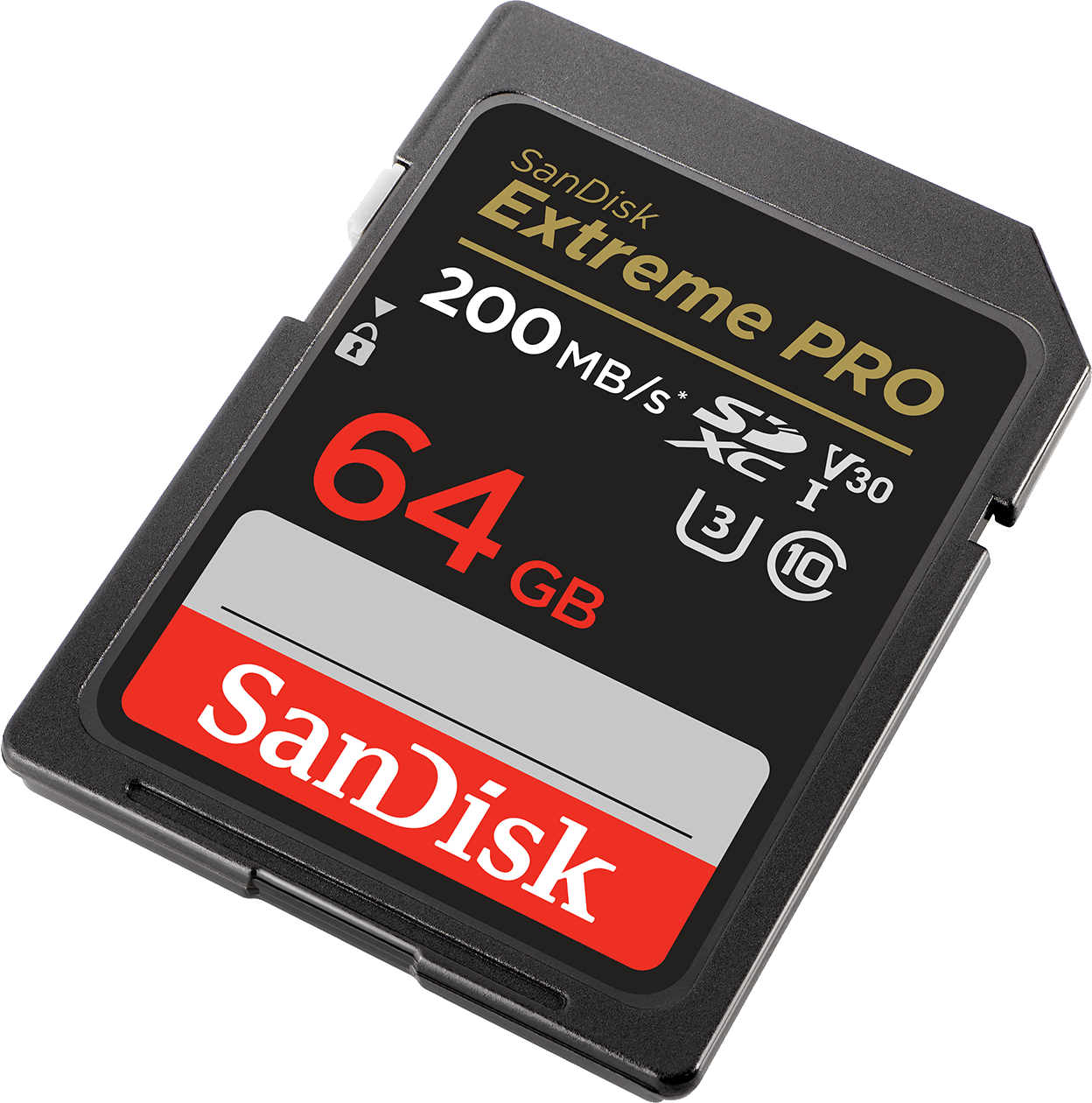 Une carte SD SanDisk Extreme Pro noire est présentée, avec du texte rouge et blanc sur le devant.