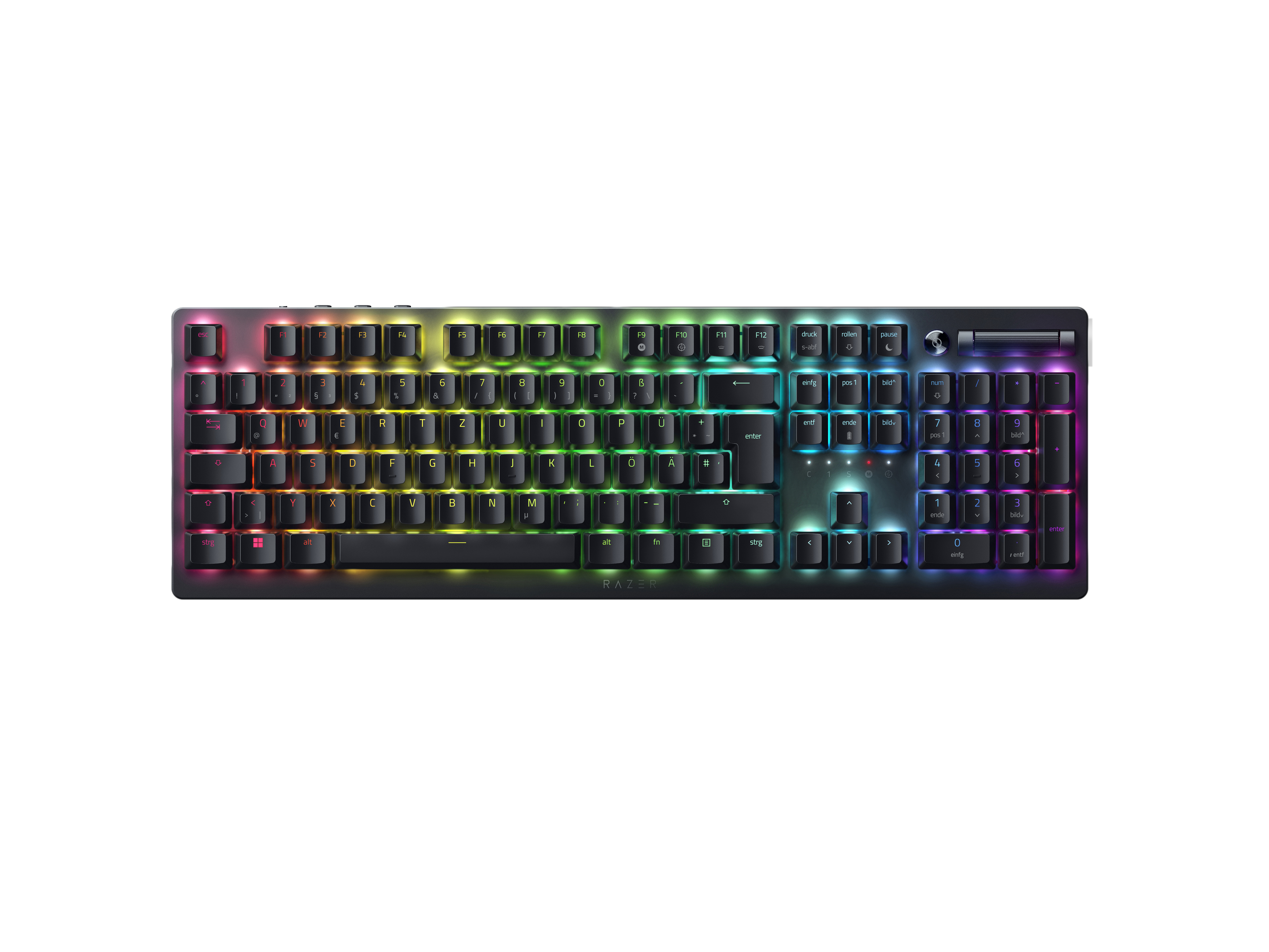 Eine schwarze Razer-Tastatur mit farbenfrohen, hintergrundbeleuchteten Tasten auf weißem Hintergrund, Draufsicht.