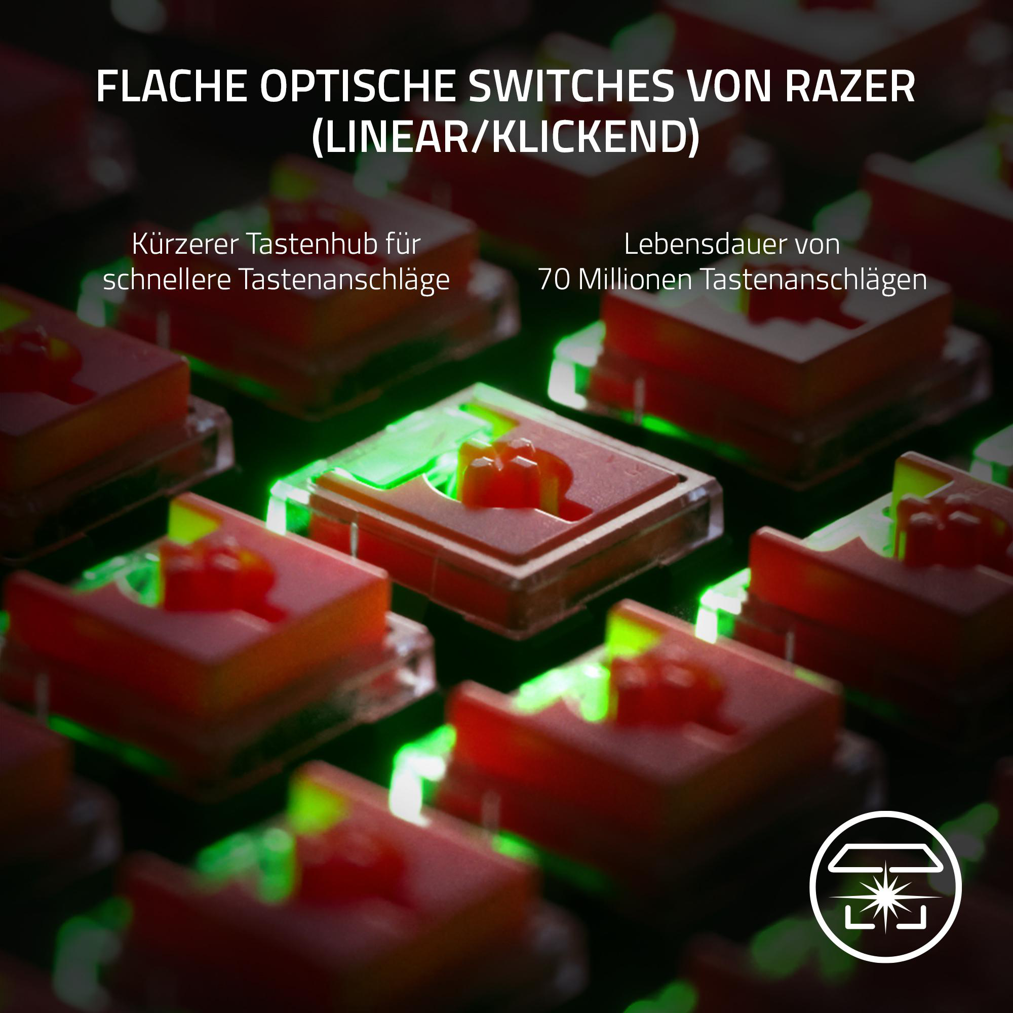 Nahaufnahme roter Tastenkappen auf einer Tastatur. Grüne Lichter und Text sind sichtbar.