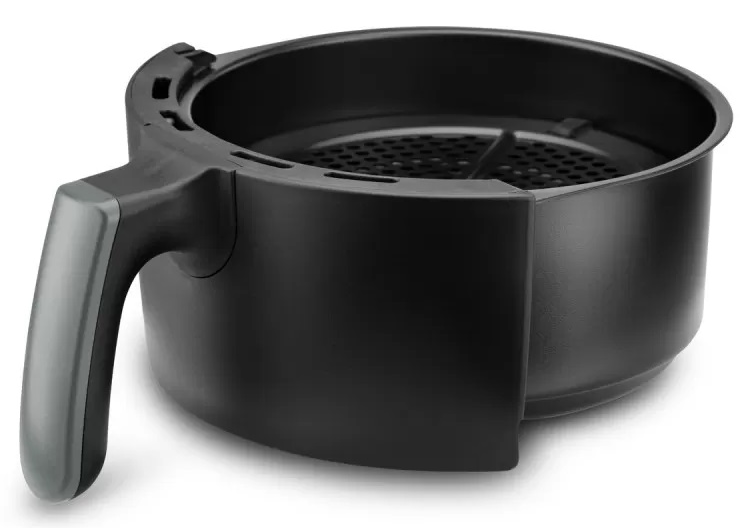 Fekete légkeveréses fritőz kosár fogantyúval. A kosár üres, belső részleteket és a fogantyút mutatja.