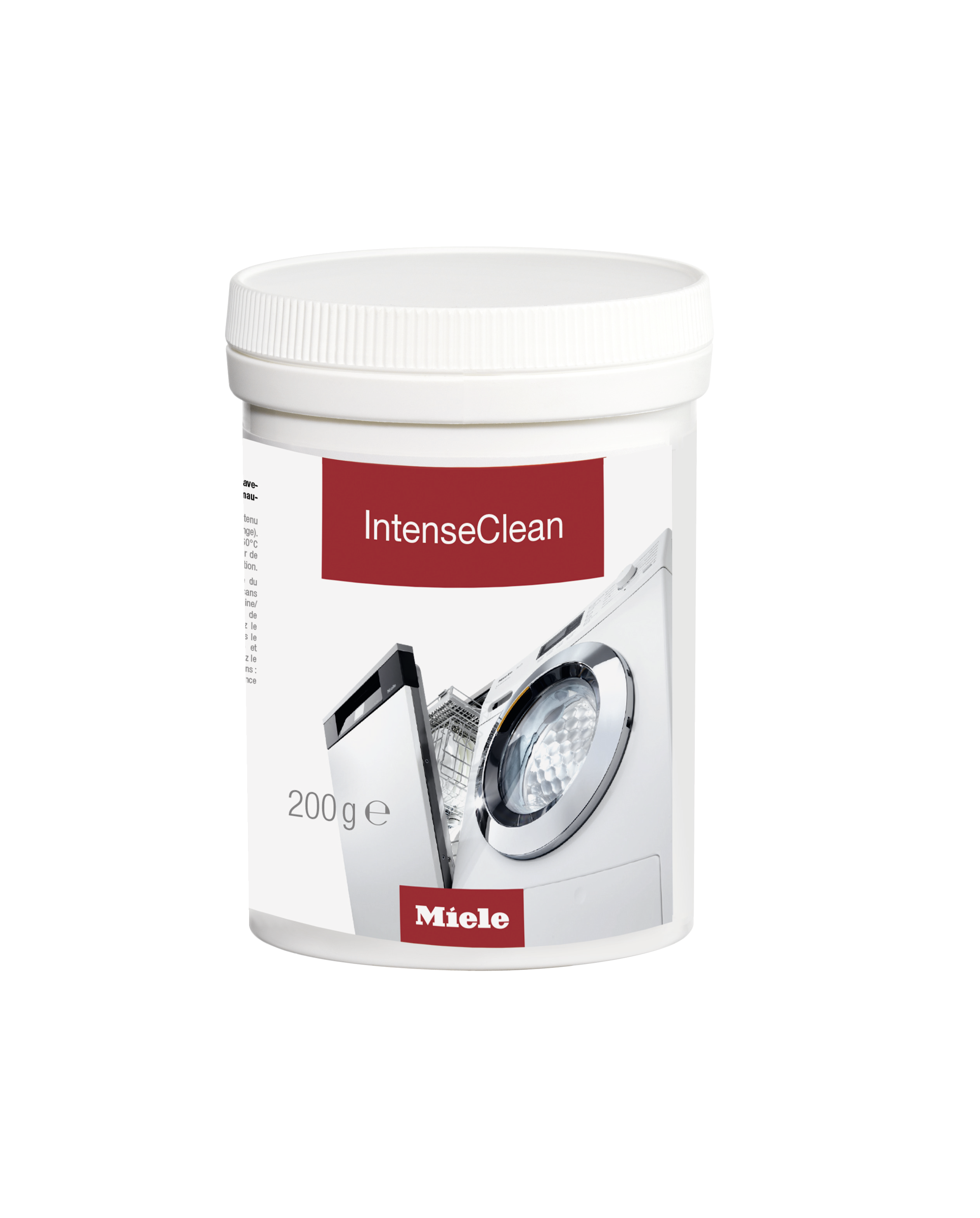 Miele IntenseClean productcontainer. Een witte container met een vaatwasser afbeelding en tekst.