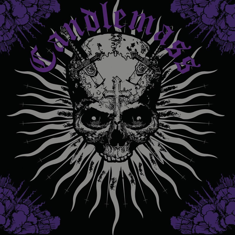 Candlemass Totenkopf- und Schwerterdesign. Dunkler Hintergrund, lila und graue Farben.