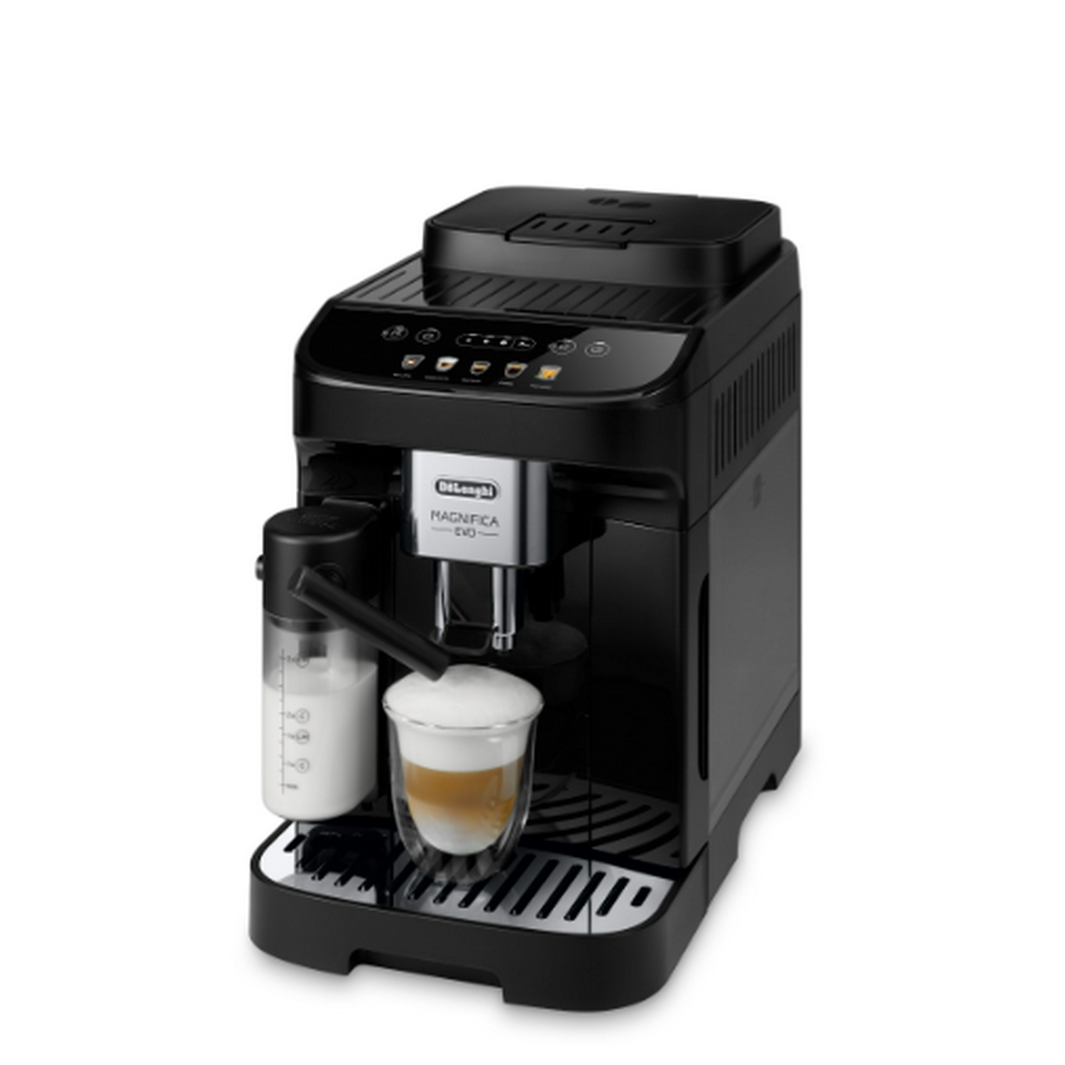 Máquina de café De'Longhi Magnifica Evo negra, espumador de leche adjunto, fondo blanco.