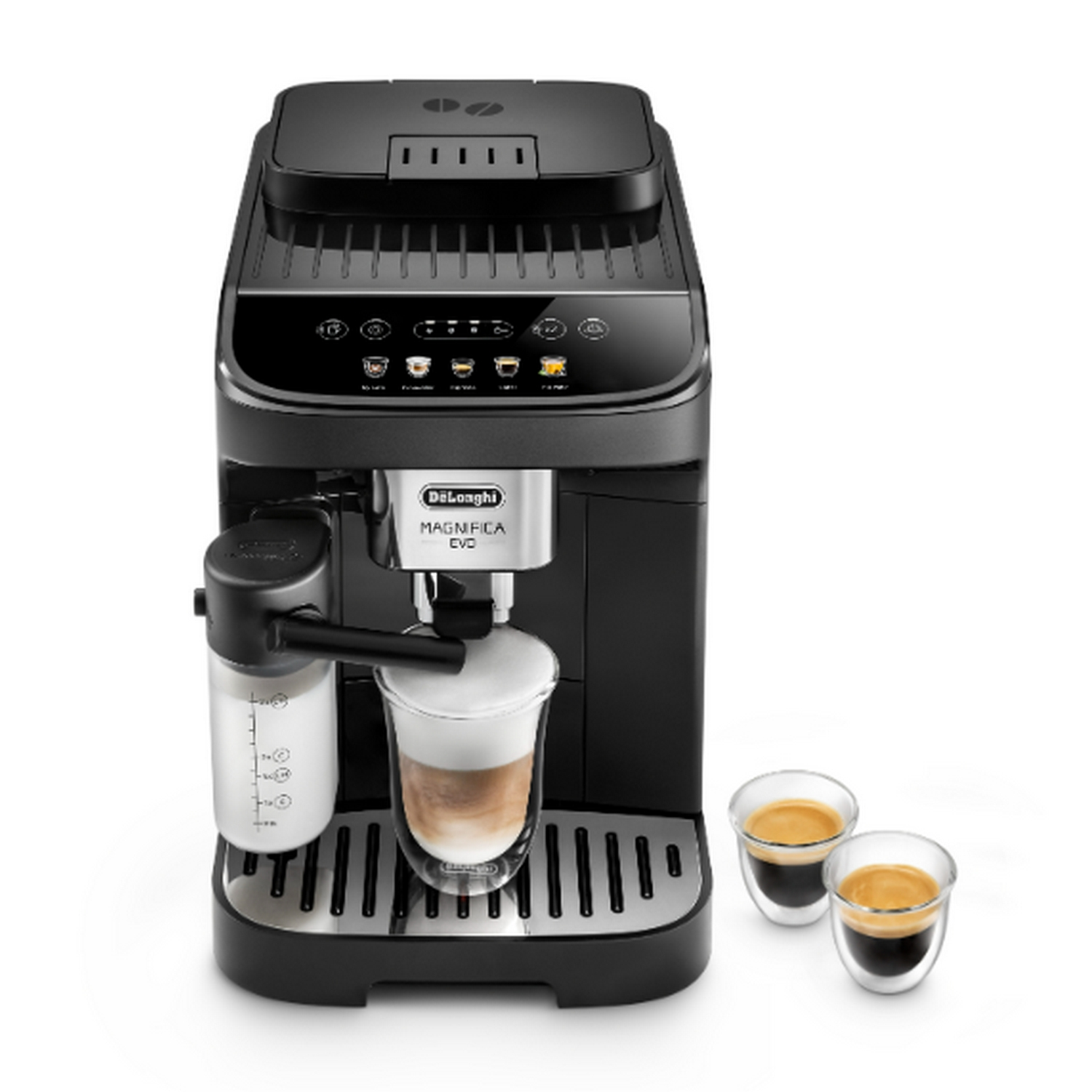 Una cafetera negra con espumador de leche y dos vasos pequeños de espresso.