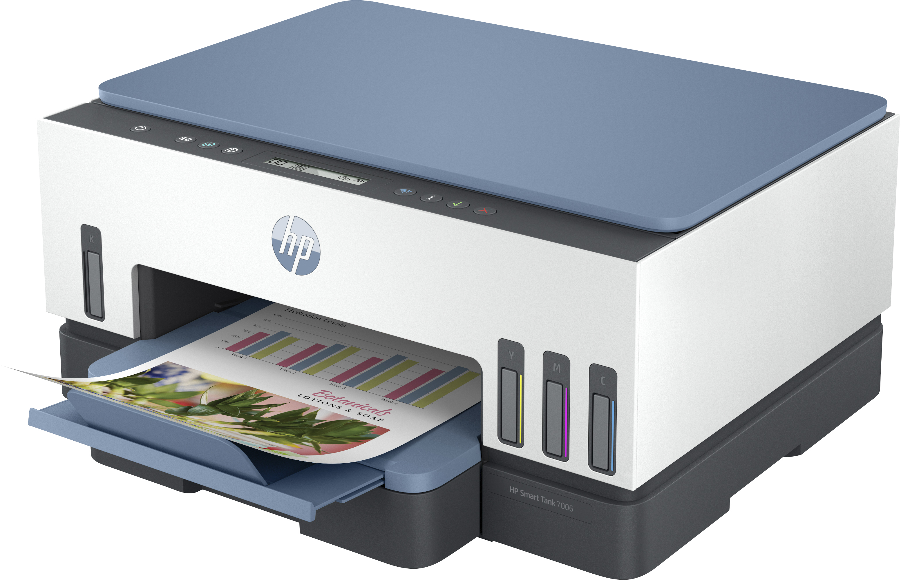 Impresora HP con tapa azul, cuerpo blanco y papel saliendo de ella.