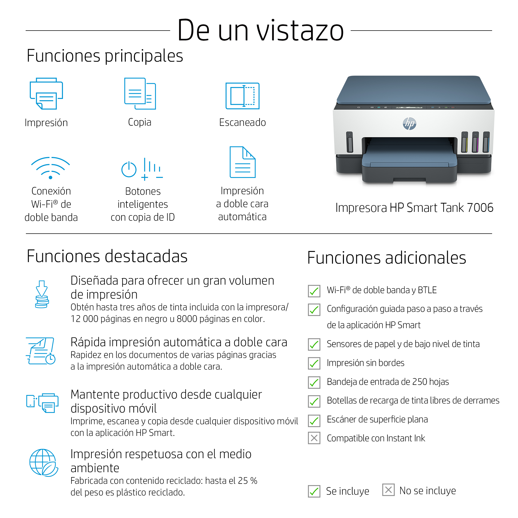 Folleto con características de impresora. Varios iconos, texto y una foto de la impresora.