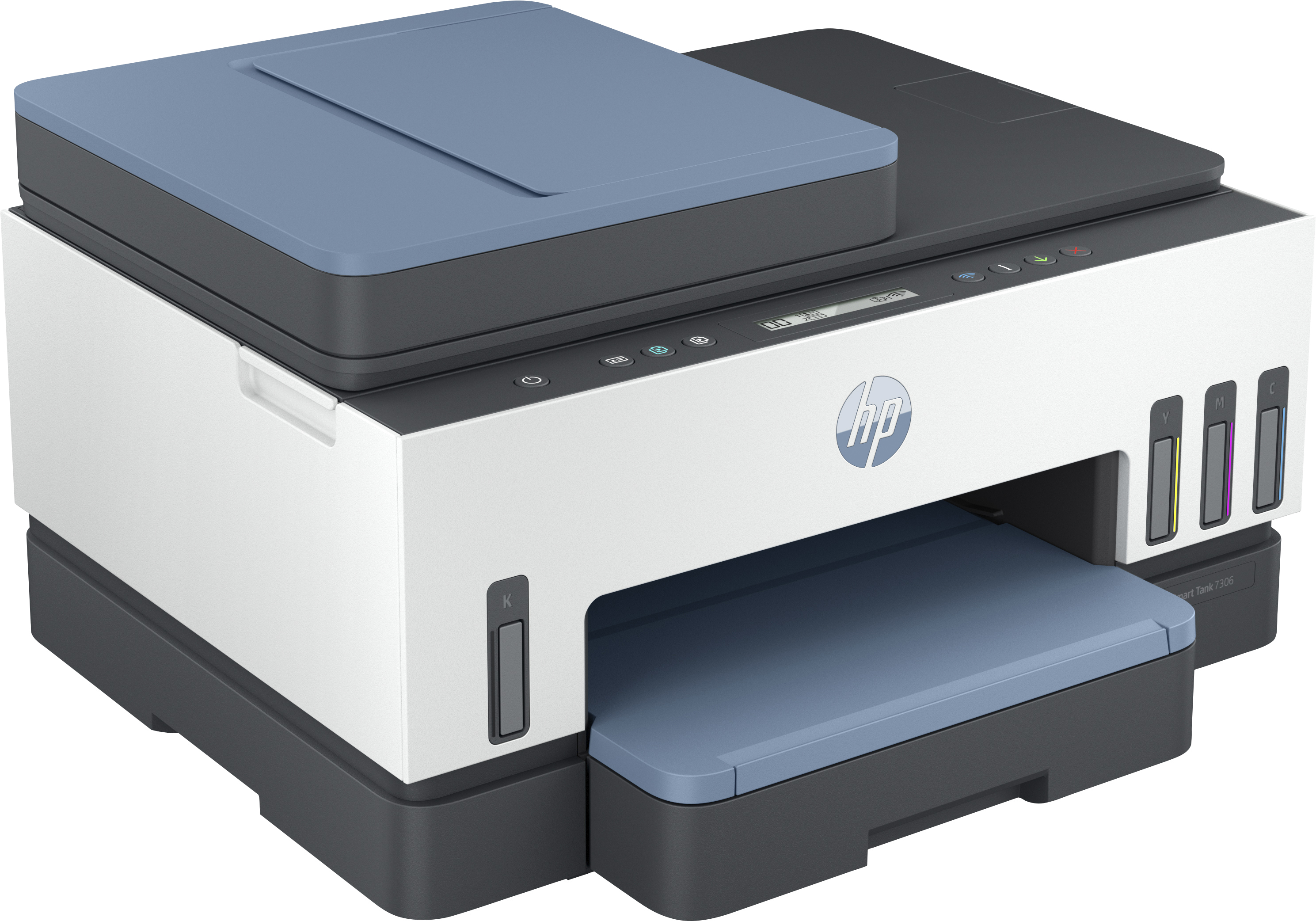 Impresora HP. Cuerpo blanco con tapa y bandeja de papel azules. Tiene pantalla y cartuchos.