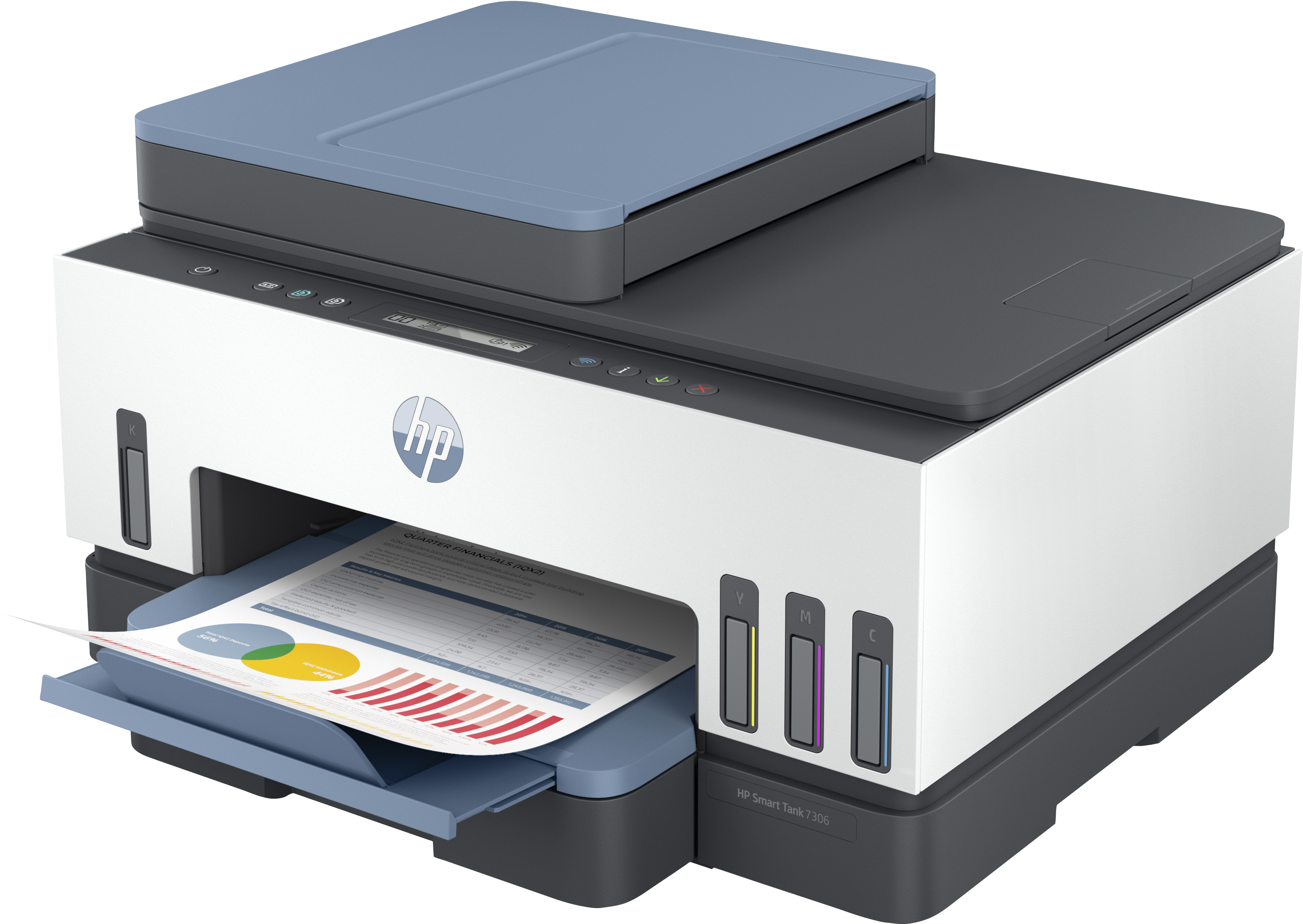 Impresora HP Smart Tank, con una hoja de papel con gráficos.