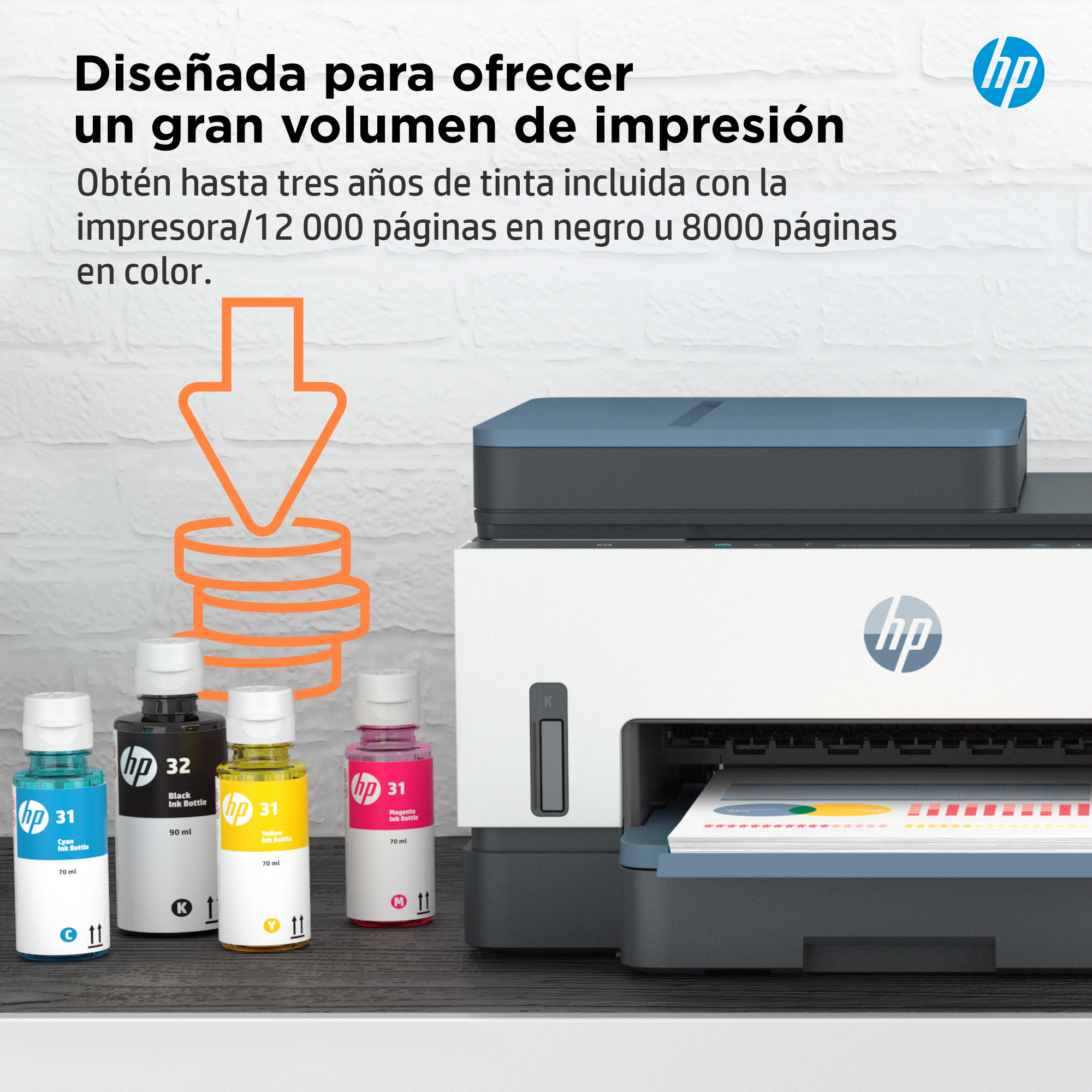 Una impresora HP con botellas de tinta y texto, ofreciendo 3 años de tinta.
