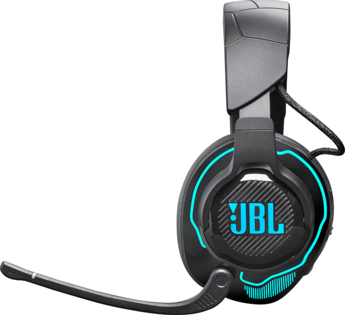 Casque gaming JBL noir et gris avec lumières bleues, un microphone et le logo JBL.