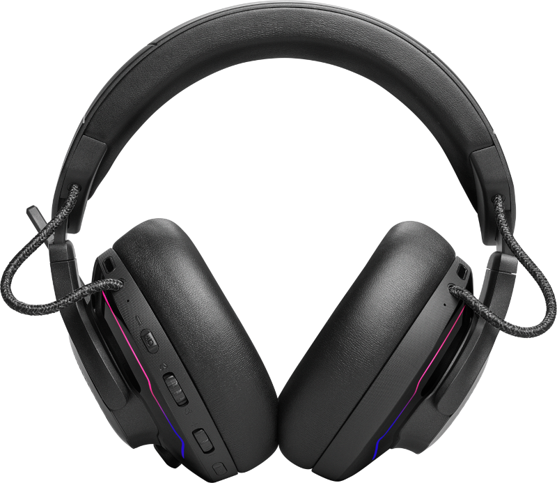 Casque de jeu noir avec des lumières rouges et bleues sur les oreillettes, sur fond noir.