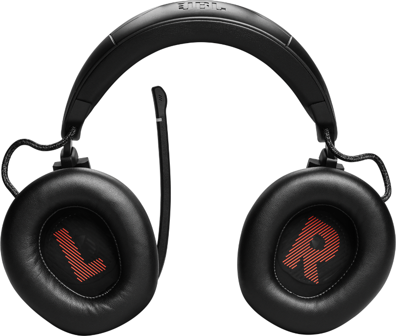 Casque de jeu noir avec 'L' et 'R' rouges sur les oreillettes.