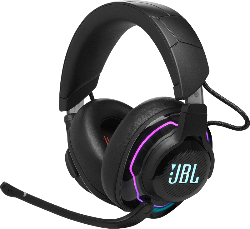 Casque de jeu JBL noir et argent avec microphone et éclairage RVB.