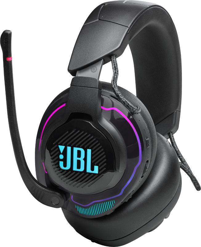 Casque de jeu JBL noir avec des lumières bleues et violettes, un microphone et le logo JBL.