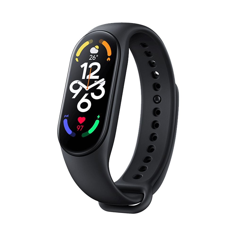 Siyah fitness takip saati, zamanı, kalp atış hızını ve hava durumu simgelerini gösteriyor.