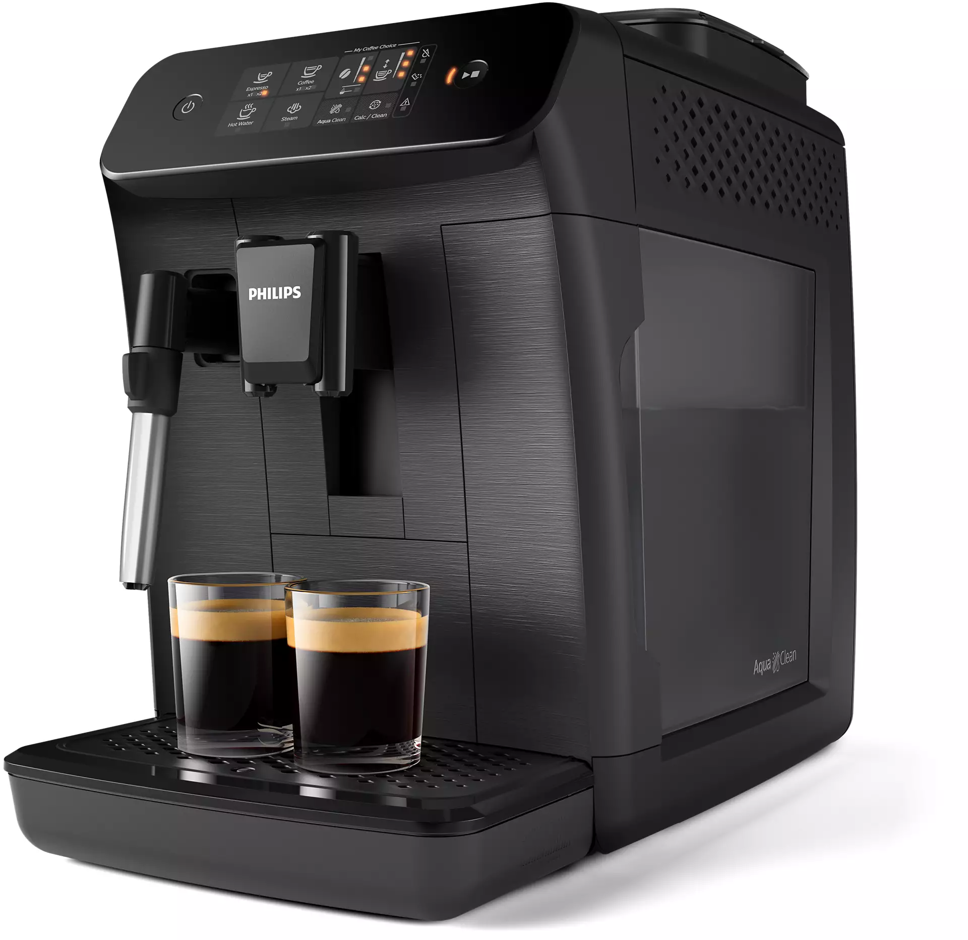 Egy fekete Nespresso kávéfőző. Ívelt kialakítású. Egy zöld Nespresso gomb látható.