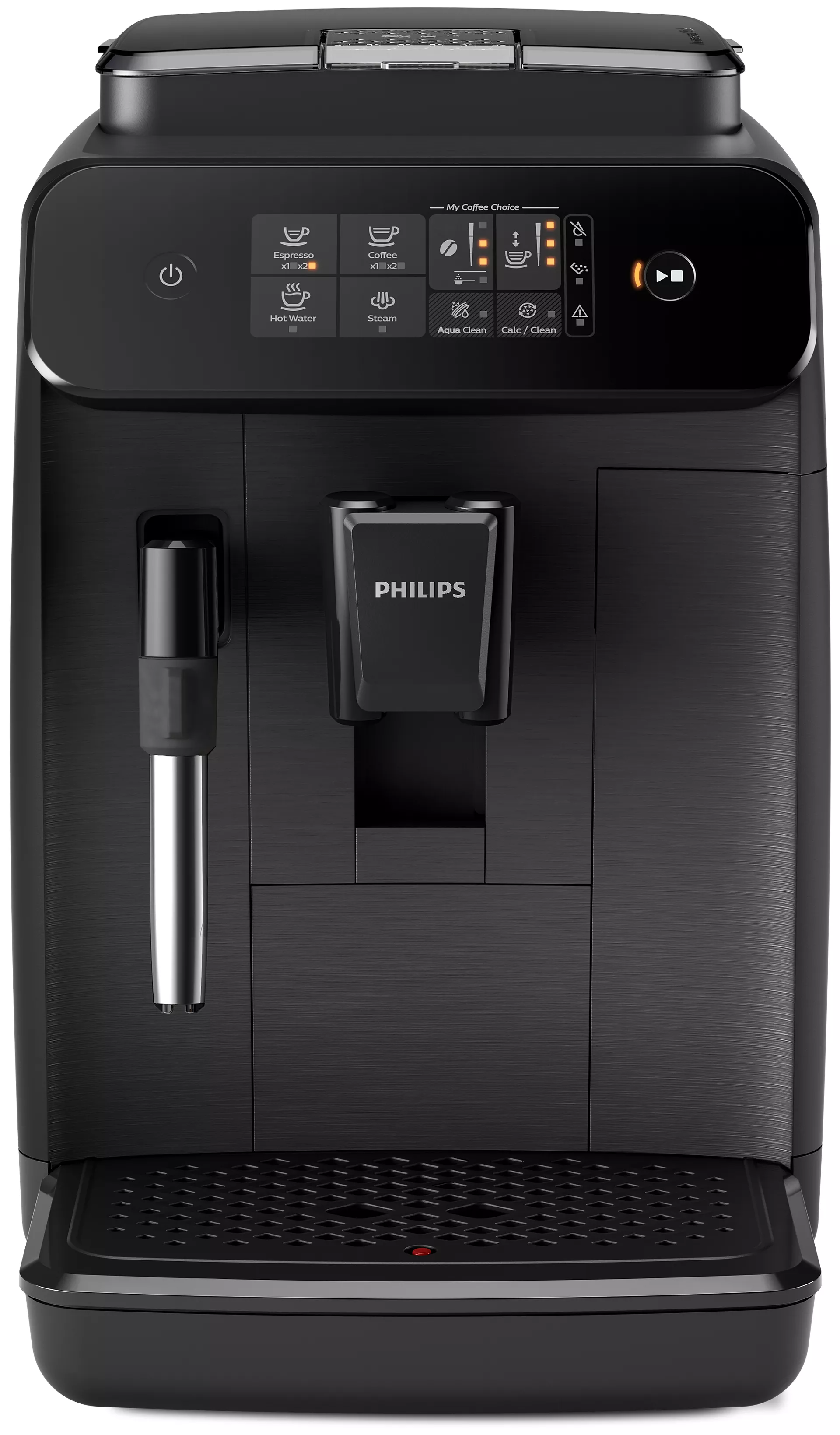 Fekete Philips kávéfőző digitális kijelzővel. Funkciók: eszpresszó, tisztítás, kávé.