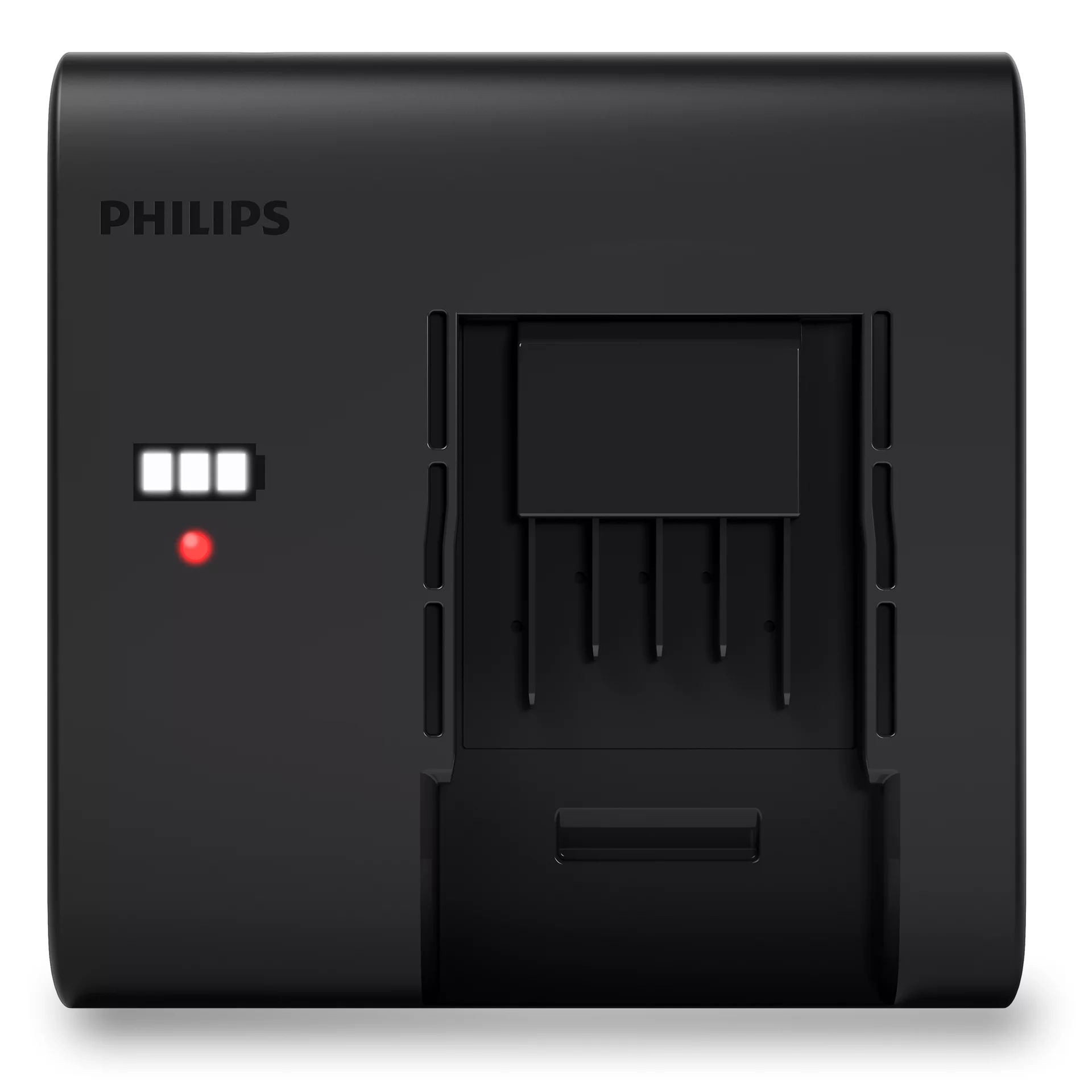 Fekete Philips töltő, akkumulátor jelzővel és töltő porttal.