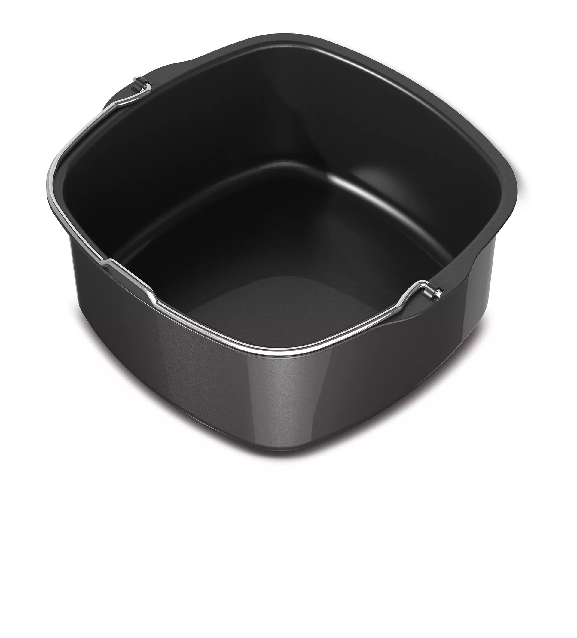 Fekete fritőz kosár fehér háttérrel.