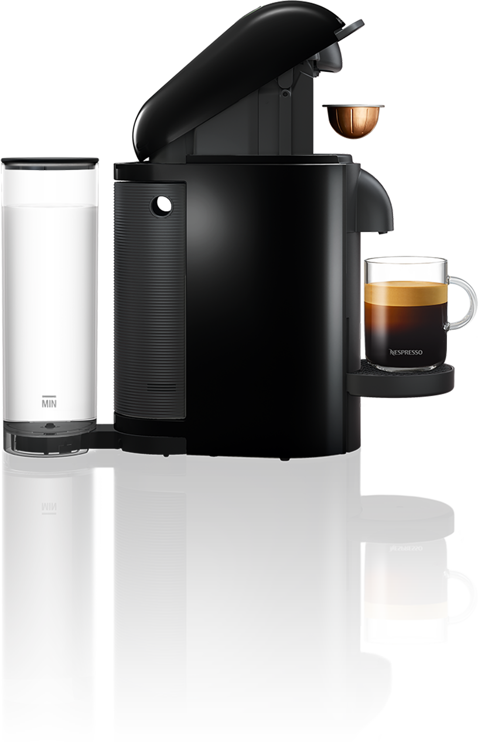 Black Nespresso machine with water tank, cup, and two coffee cups.