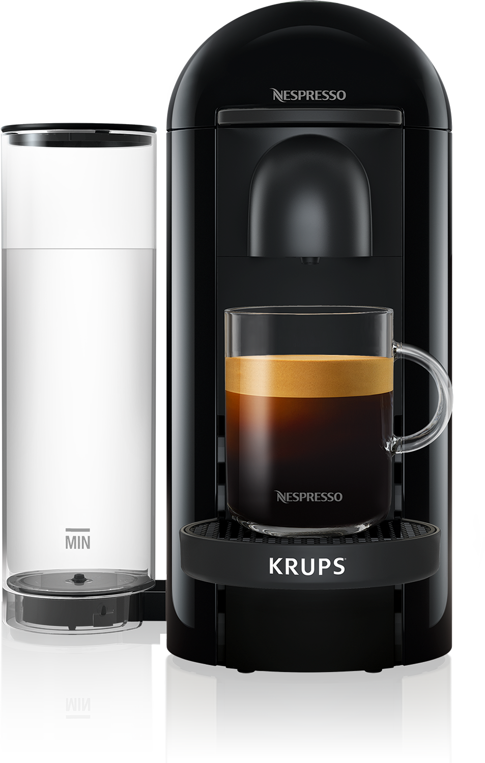 Black Nespresso coffee machine with a clear water tank and a glass of coffee.