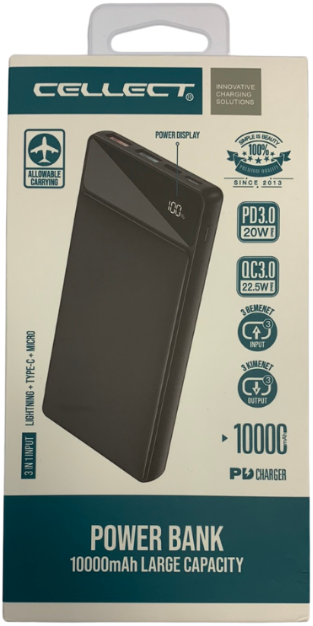Fekete power bank, 100%-ot mutató képernyővel. Csatlakozói és ikonjai a funkcióit jelzik.