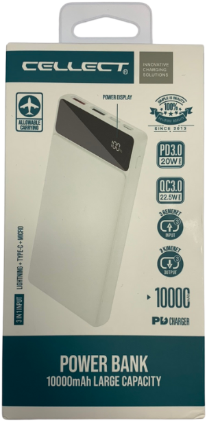 Egy fehér power bank digitális kijelzővel és a következő szöveggel: Power Bank.