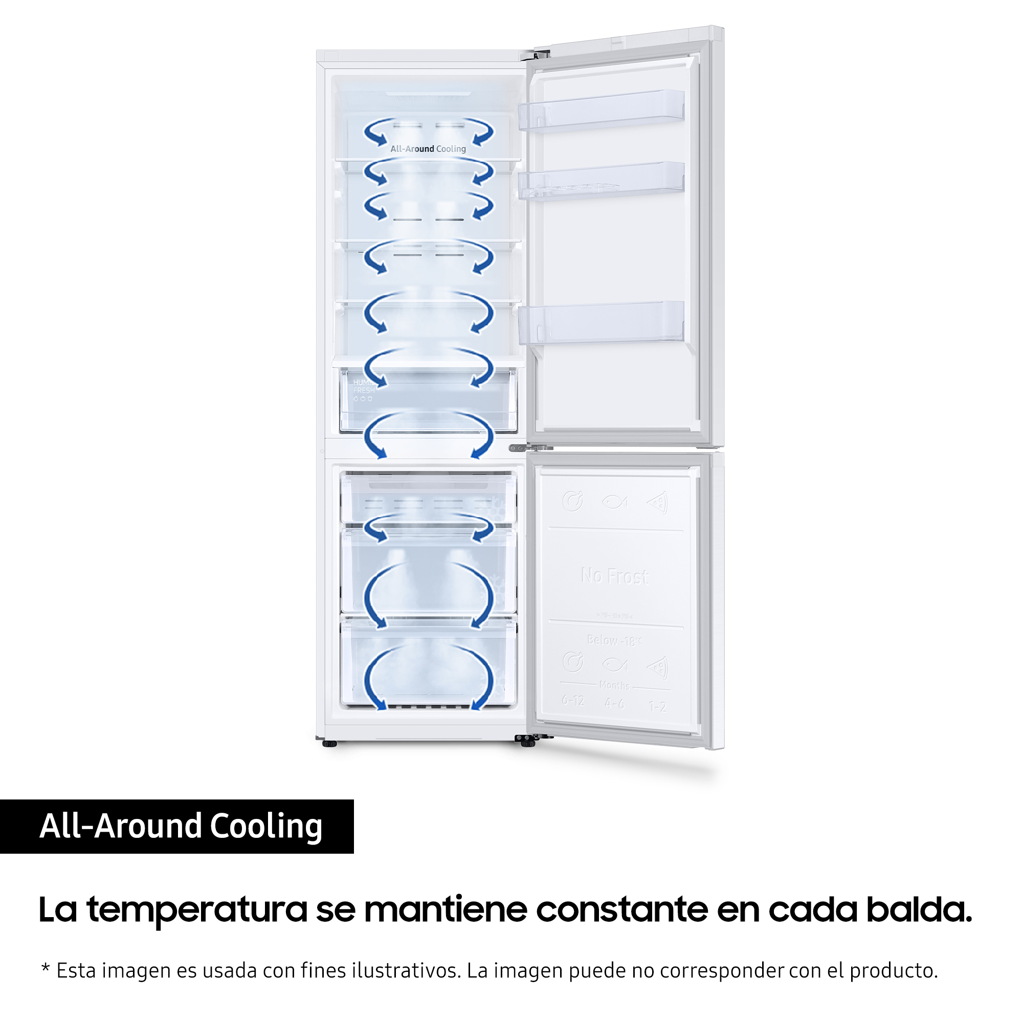 Refrigerador blanco con puertas abiertas que revelan estantes, cajones y flechas de enfriamiento.