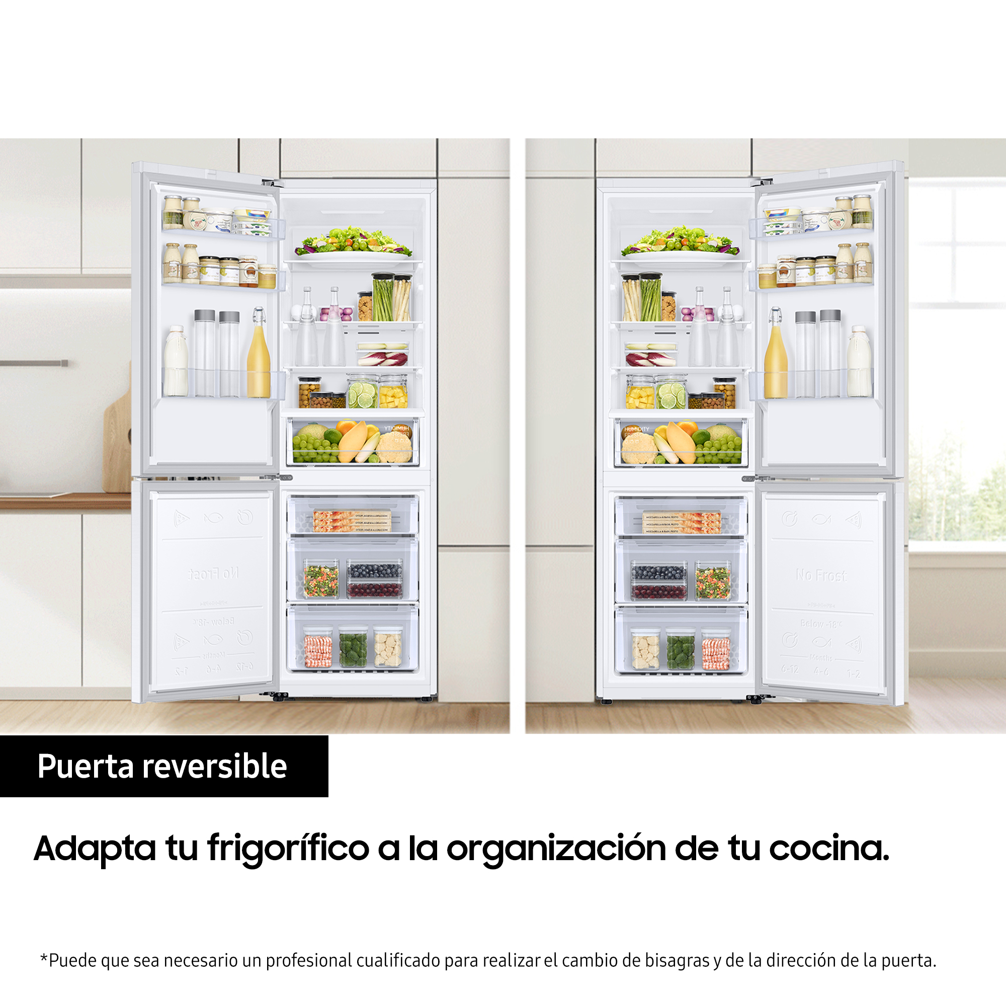 Dos refrigeradores con puertas abiertas. Dentro, estantes llenos de comida. Texto: Adapta tu refrigerador a tu cocina.