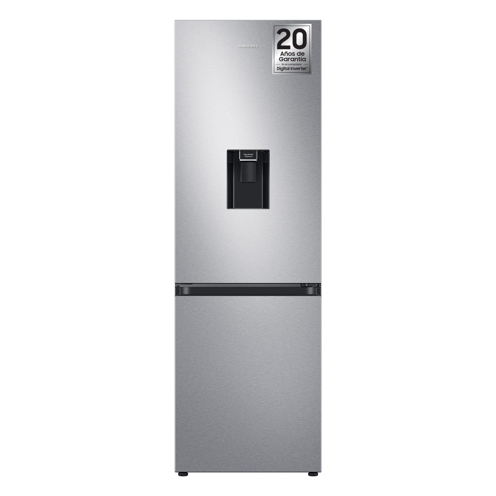 Refrigerador de acero inoxidable con dispensador de agua. Tiene base negra y 20 años de garantía.