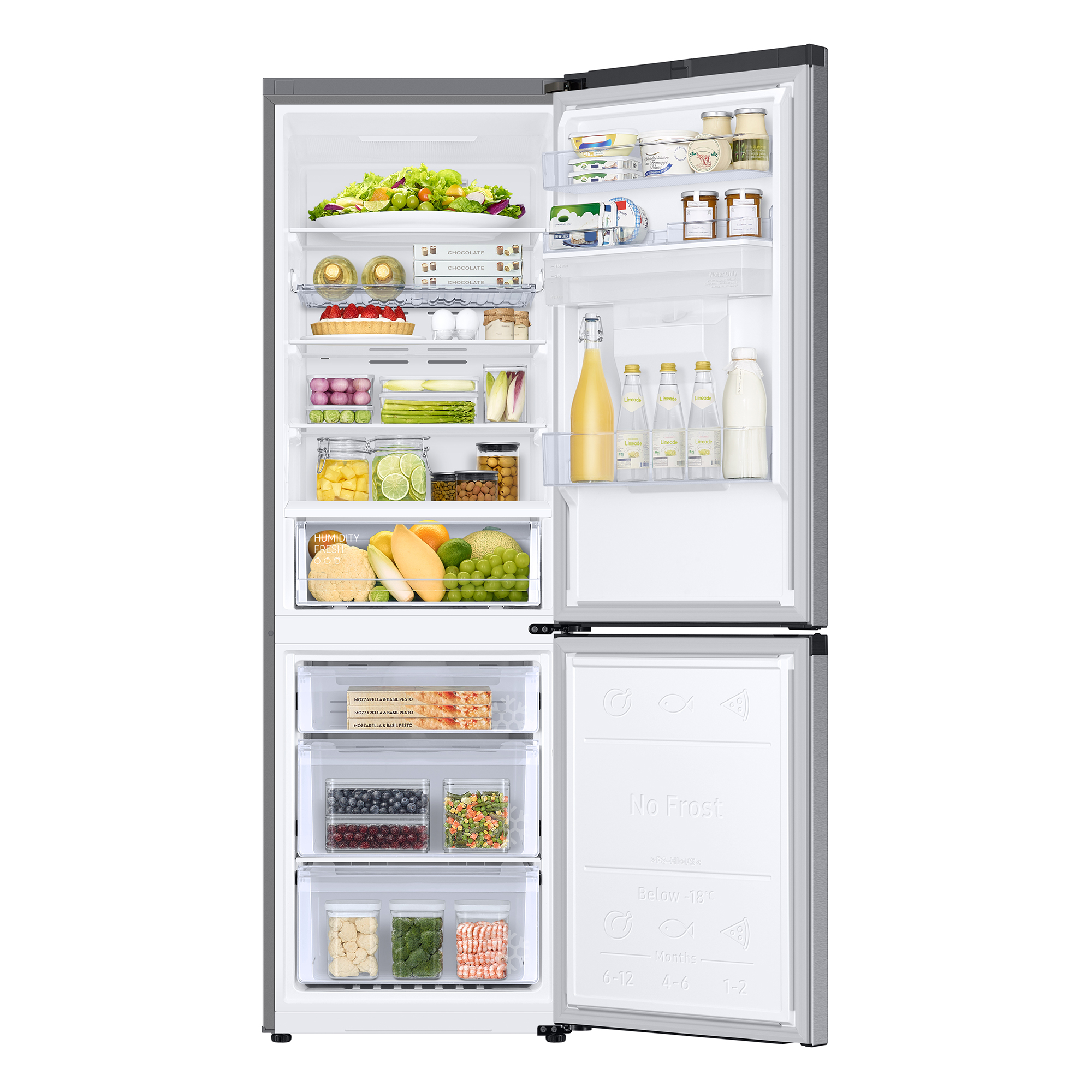 Refrigerador abierto con comida dentro, mostrando estantes y cajones.