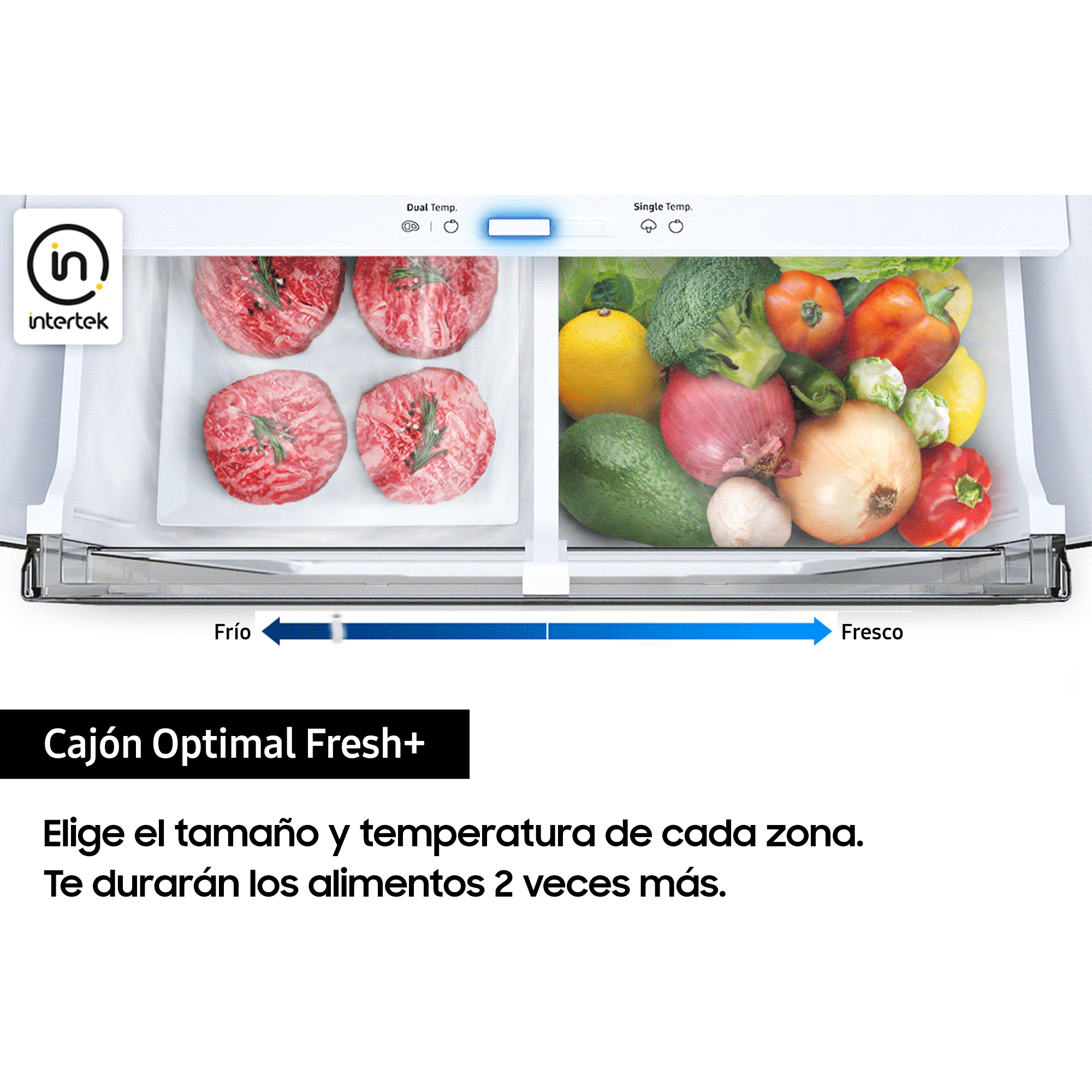 Interior del refrigerador con alimentos en cajones. Tiene verduras y carne.