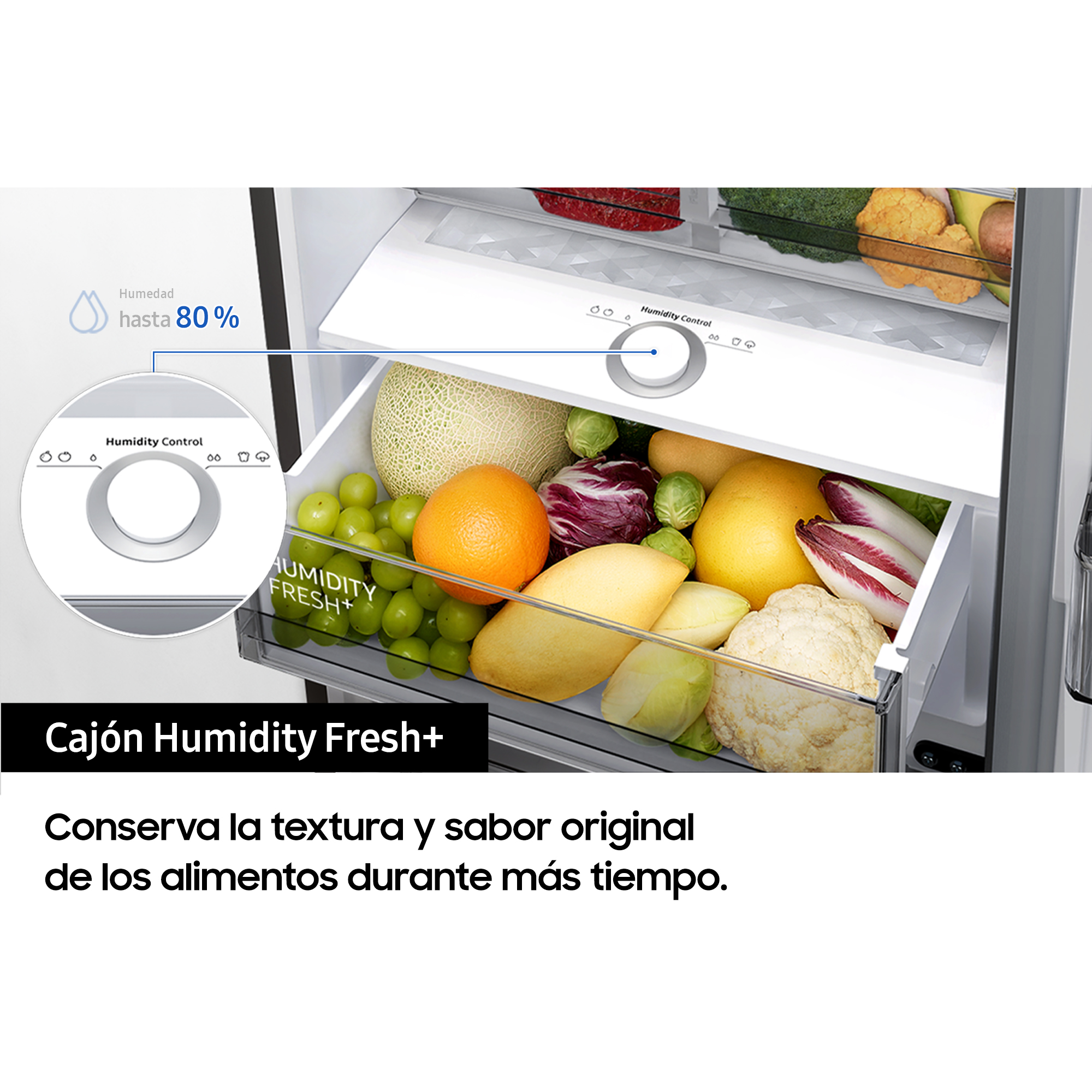 Interior de refrigerador, mostrando un cajón lleno de frutas y verduras. El texto describe 'Control de Humedad'.