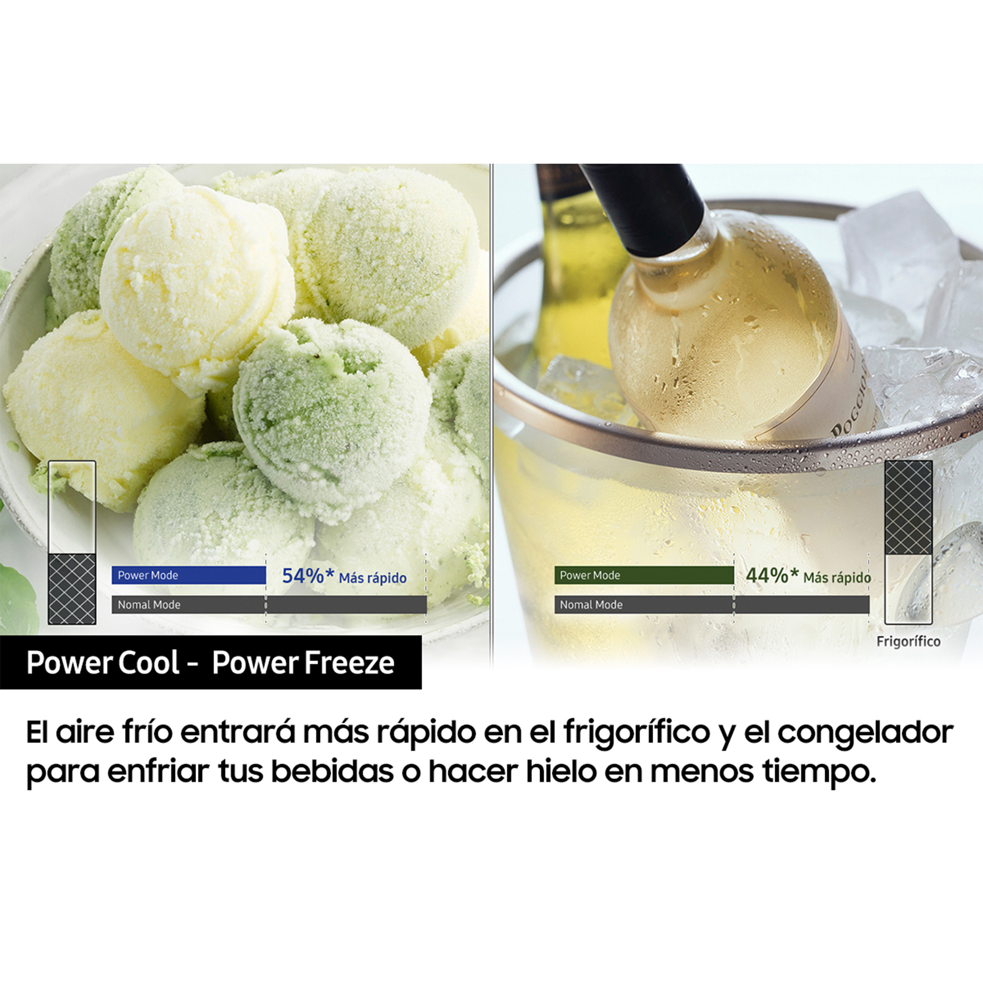 Helado y botella de vino en un frigorífico con funciones de enfriamiento y congelación rápidas.
