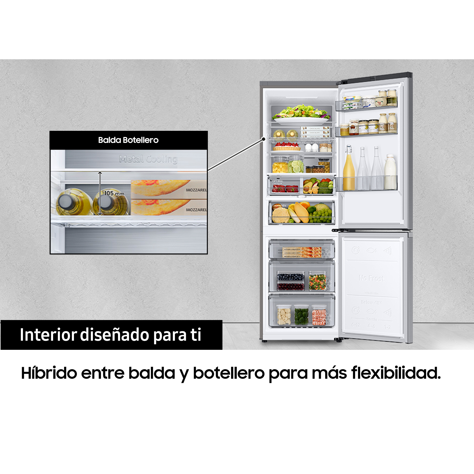 Un refrigerador con la puerta abierta. Dentro hay alimentos. Hay texto en español.