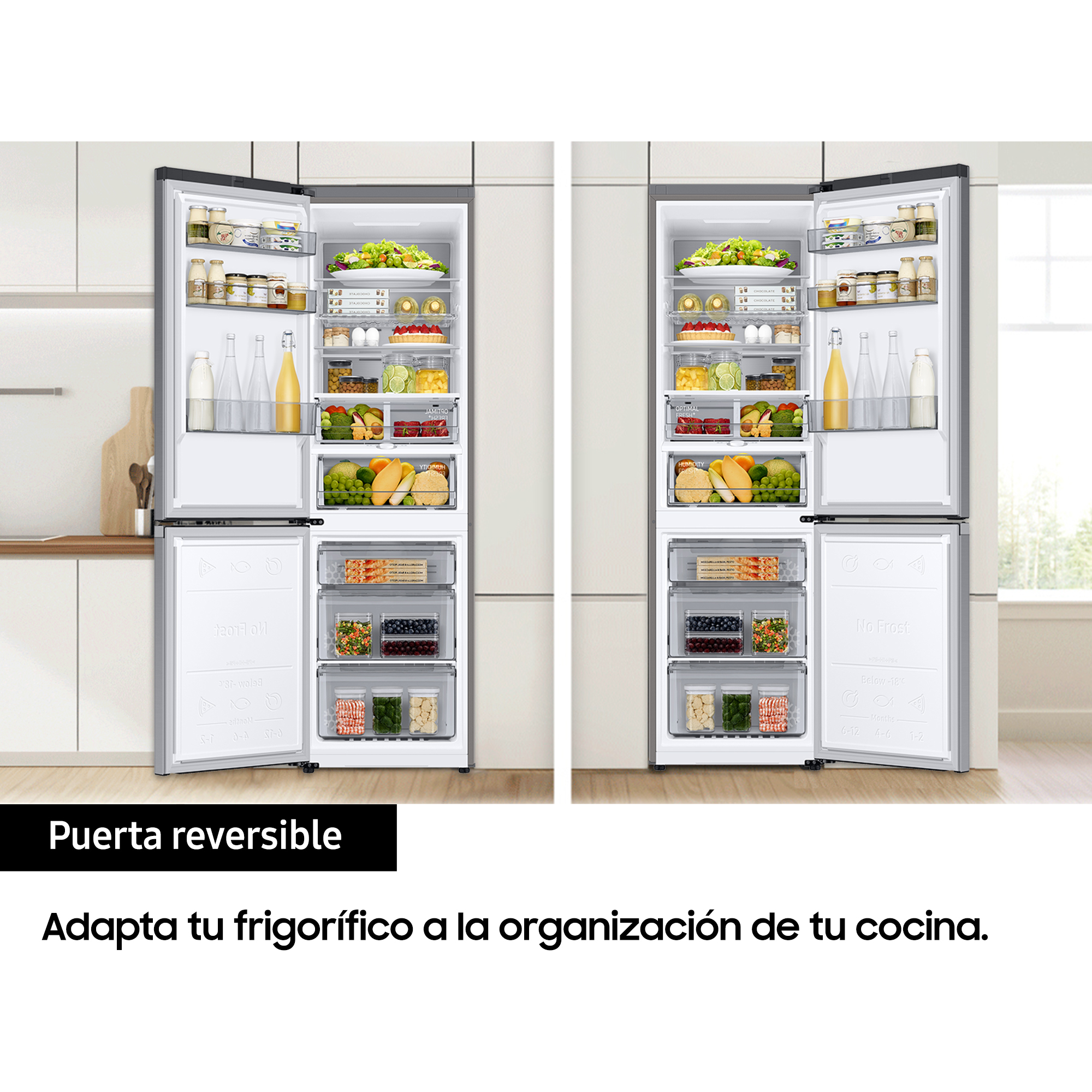 Refrigerador con puerta reversible, abierto, mostrando el contenido de estantes y cajones.